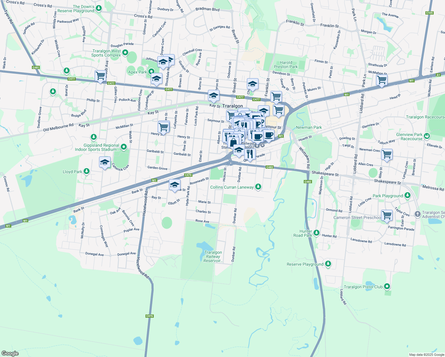 map of restaurants, bars, coffee shops, grocery stores, and more near 17 Hickox Street in Traralgon