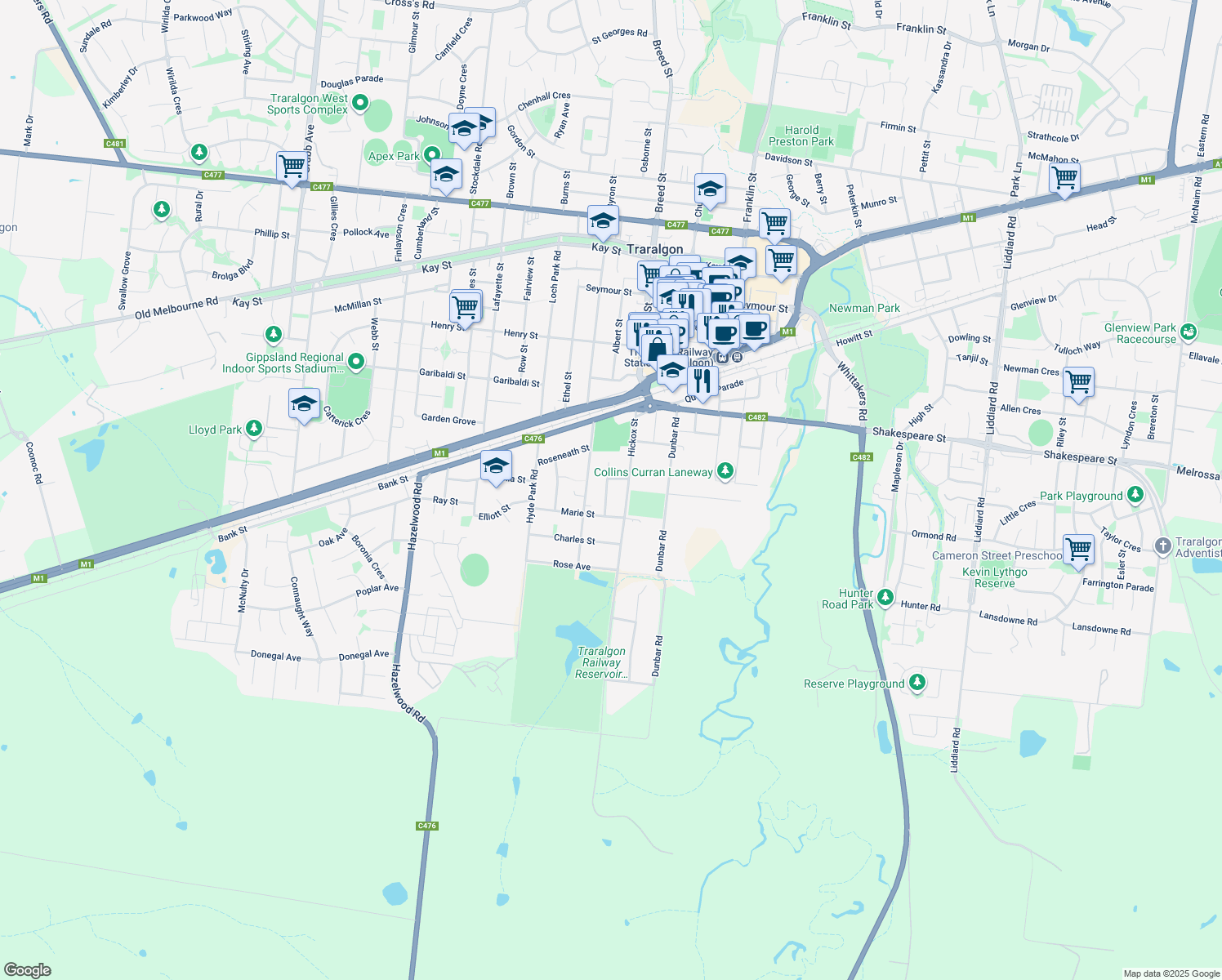 map of restaurants, bars, coffee shops, grocery stores, and more near 8 Bennett Court in Traralgon