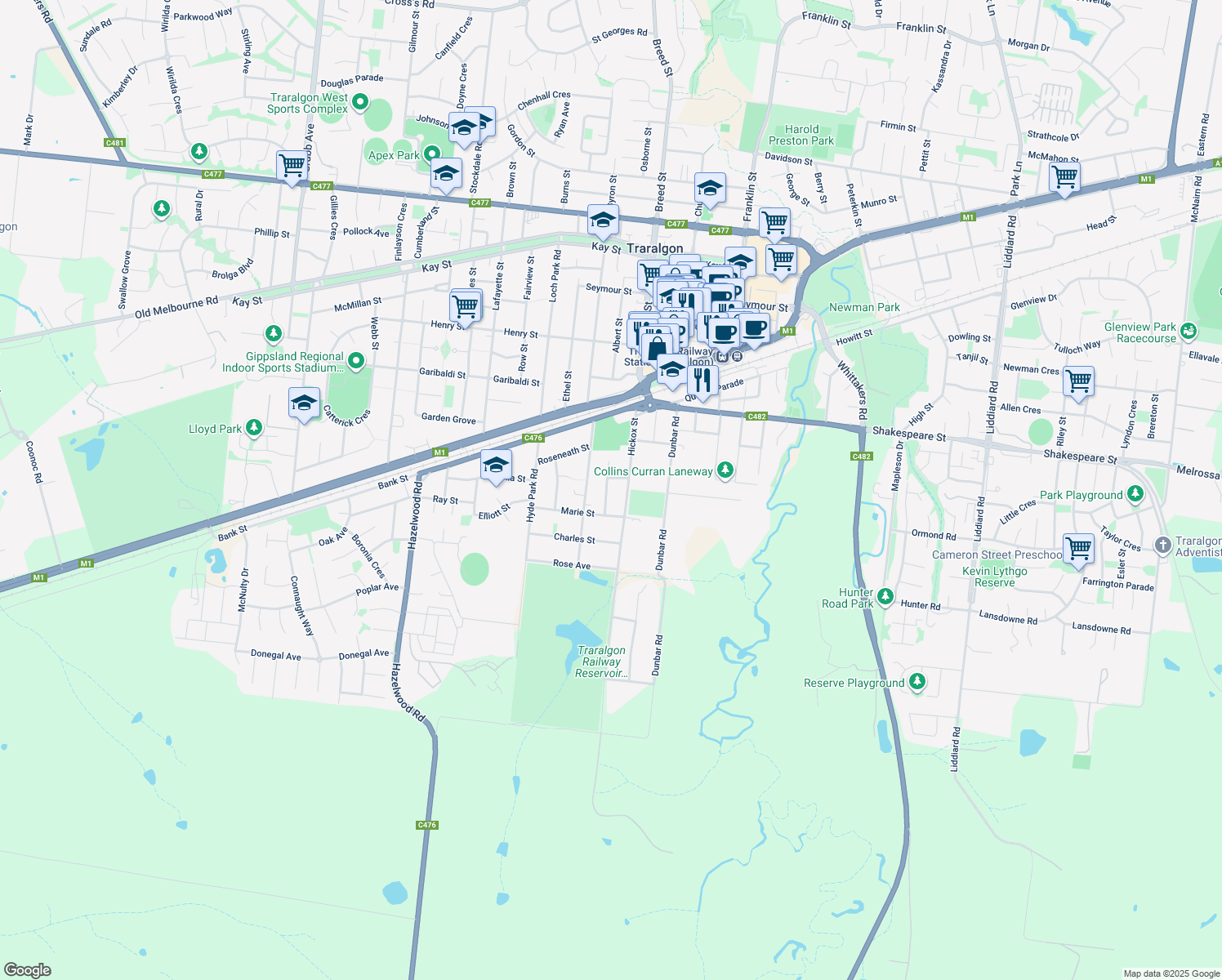 map of restaurants, bars, coffee shops, grocery stores, and more near 8 Bennett Court in Traralgon