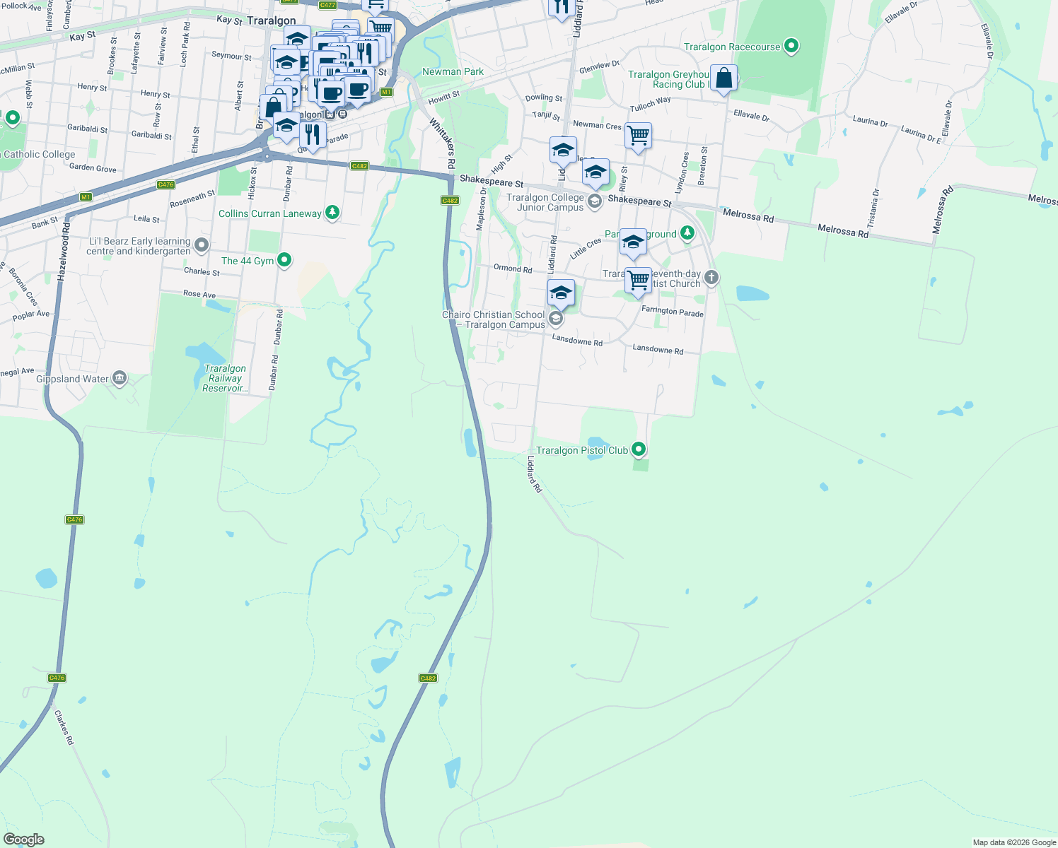 map of restaurants, bars, coffee shops, grocery stores, and more near 2 Meridian Drive in Traralgon