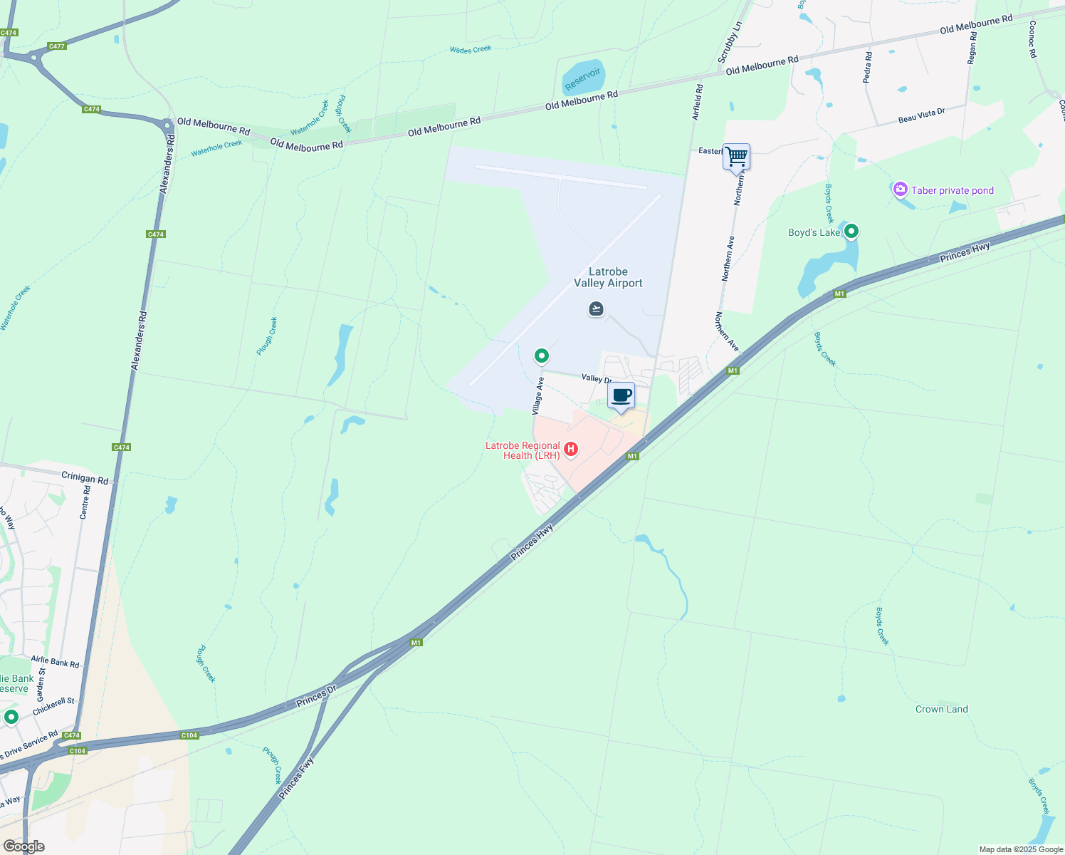 map of restaurants, bars, coffee shops, grocery stores, and more near Village Avenue in Morwell
