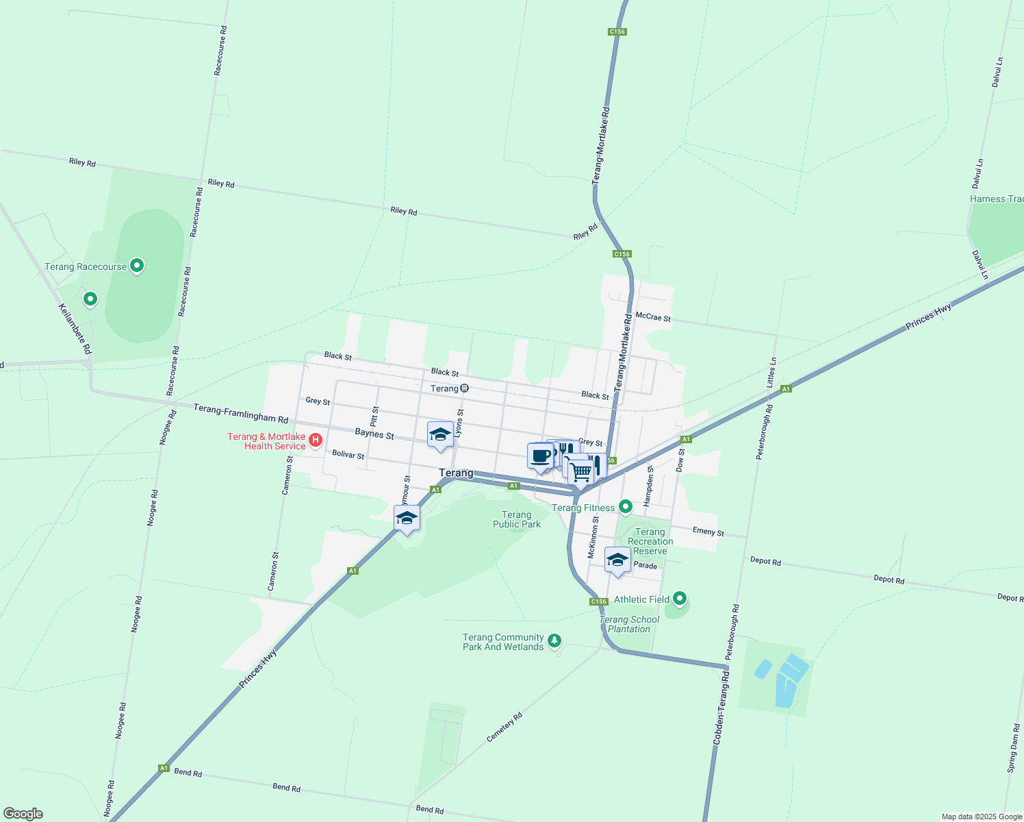 map of restaurants, bars, coffee shops, grocery stores, and more near 37 Swanston Street in Terang