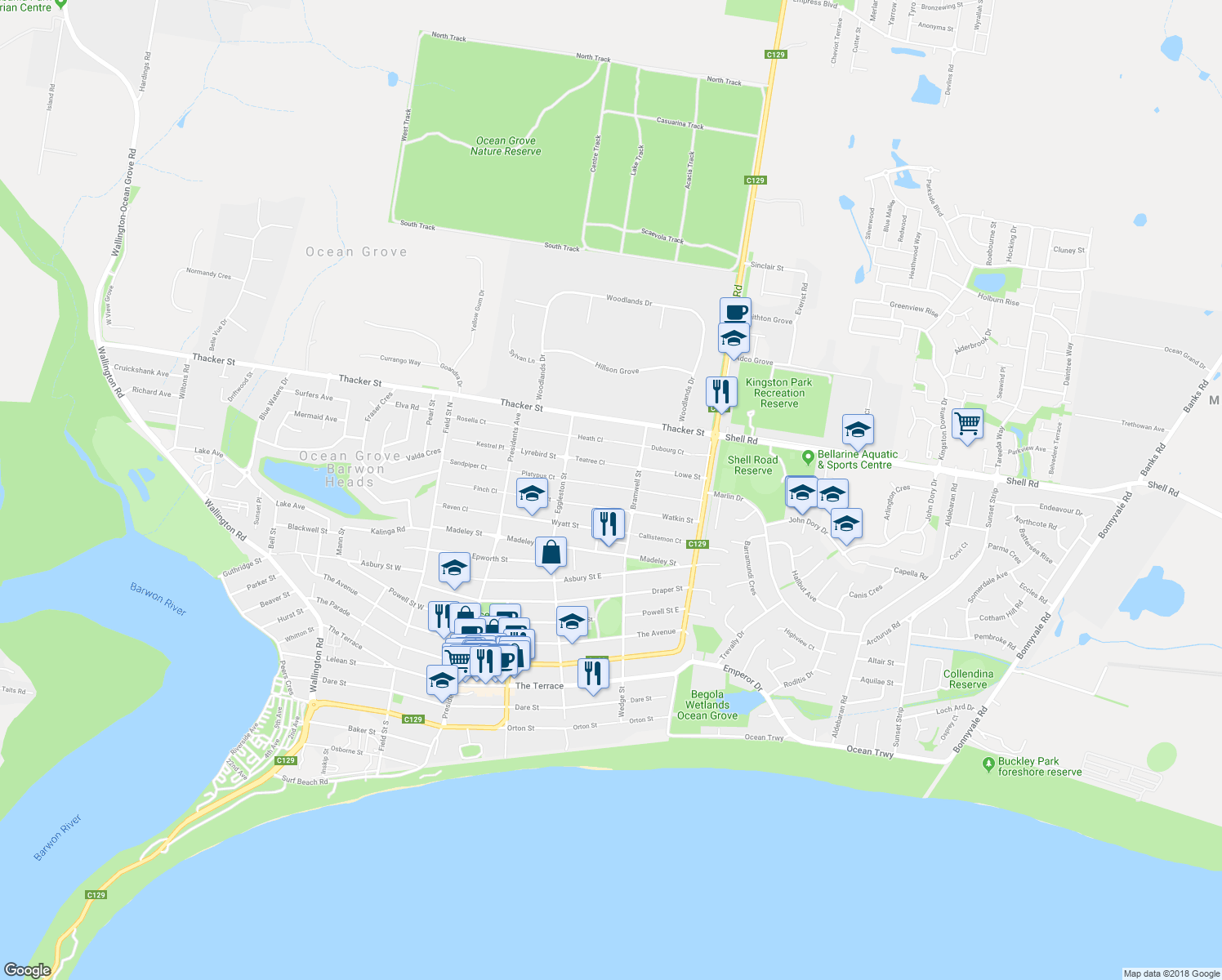 map of restaurants, bars, coffee shops, grocery stores, and more near 11 Lorikeet Close in Ocean Grove