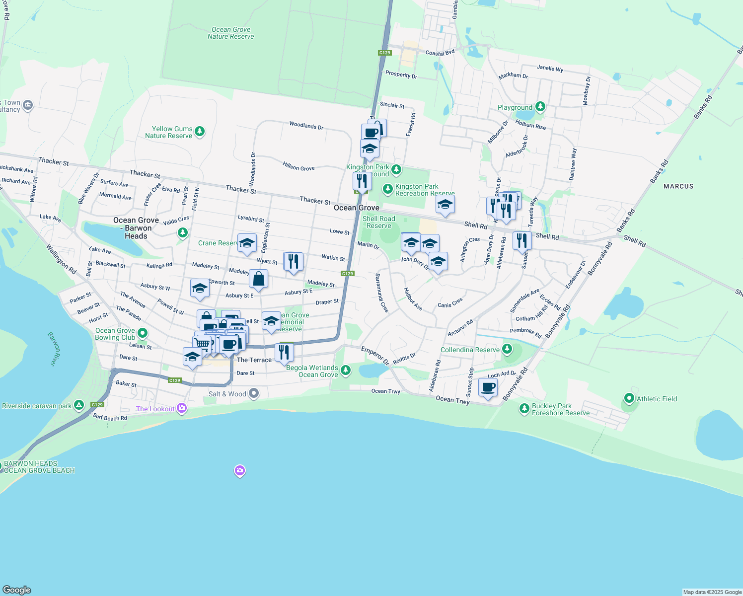 map of restaurants, bars, coffee shops, grocery stores, and more near Kingston Close in Ocean Grove