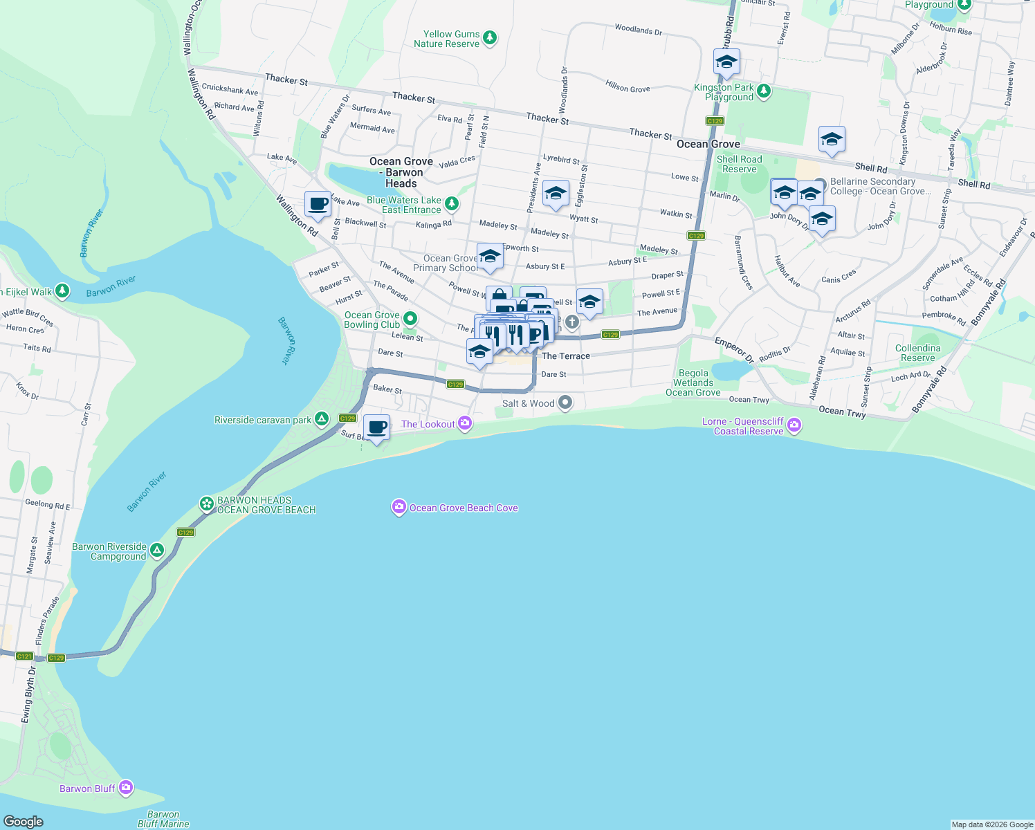 map of restaurants, bars, coffee shops, grocery stores, and more near 21-23 Lookout Road in Ocean Grove