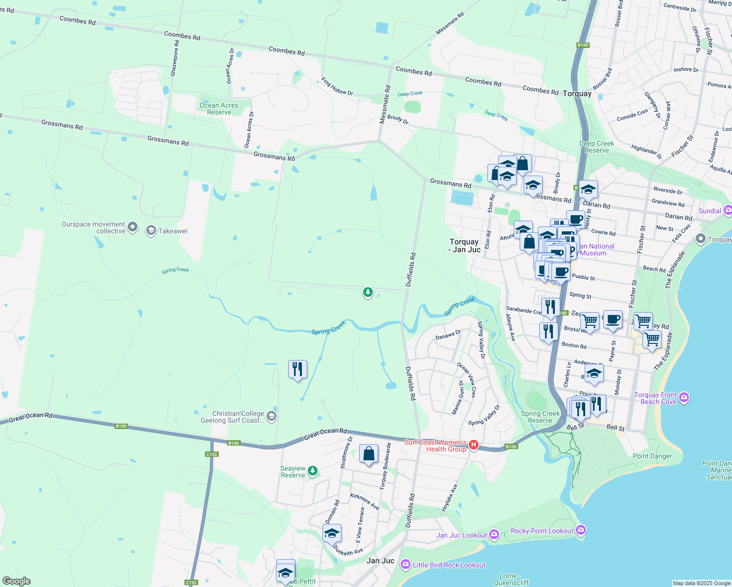 map of restaurants, bars, coffee shops, grocery stores, and more near 100 Duffields Road in Torquay