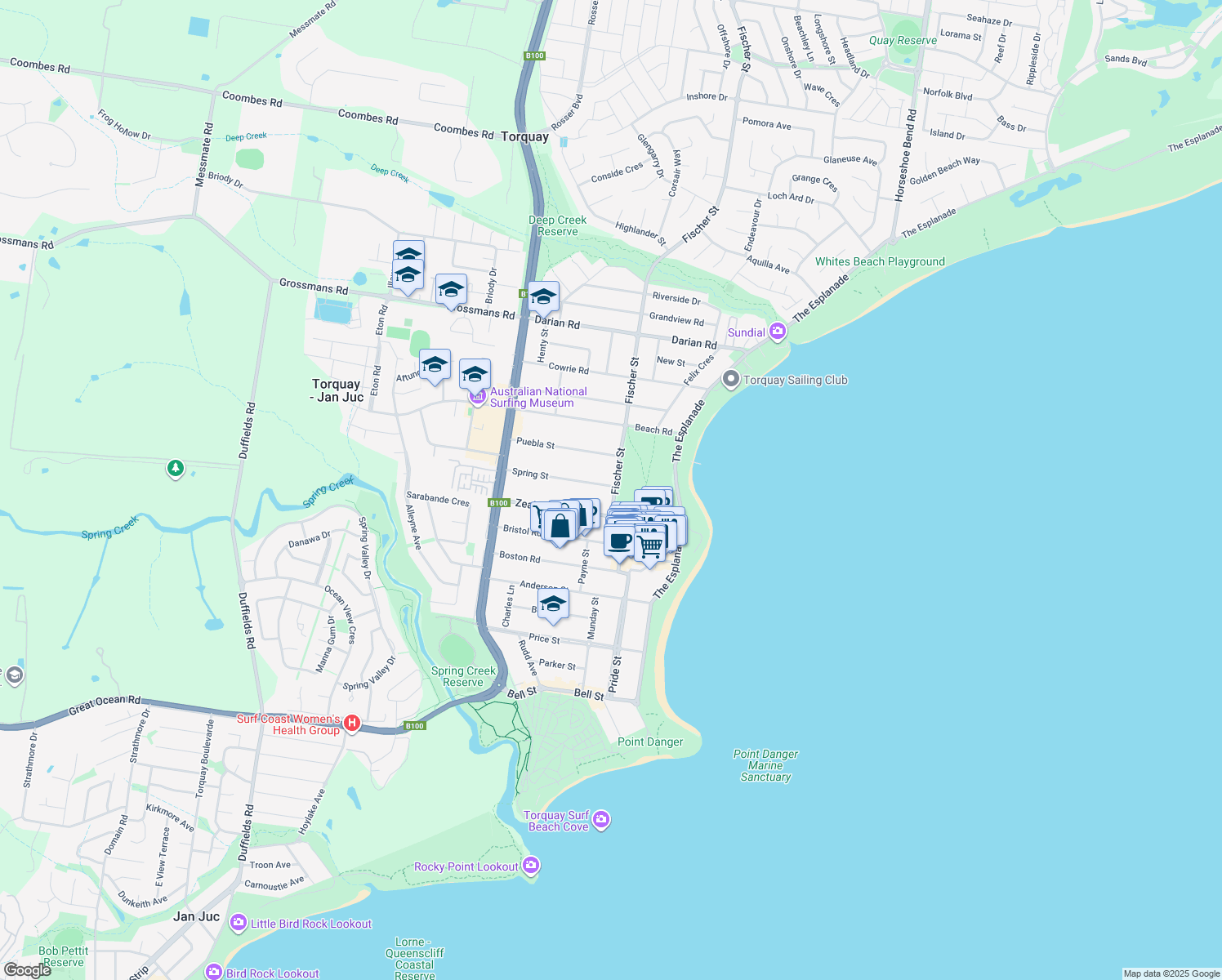 map of restaurants, bars, coffee shops, grocery stores, and more near 11A Fischer Street in Torquay