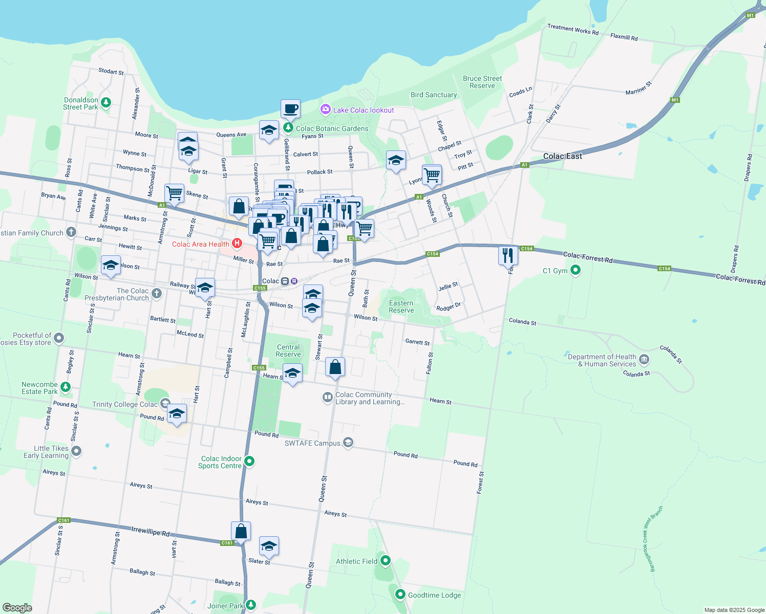 map of restaurants, bars, coffee shops, grocery stores, and more near LOT 1 Gamble Street in Colac