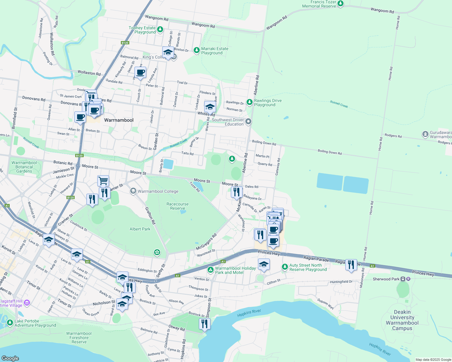 map of restaurants, bars, coffee shops, grocery stores, and more near 26 Moore Street in Warrnambool