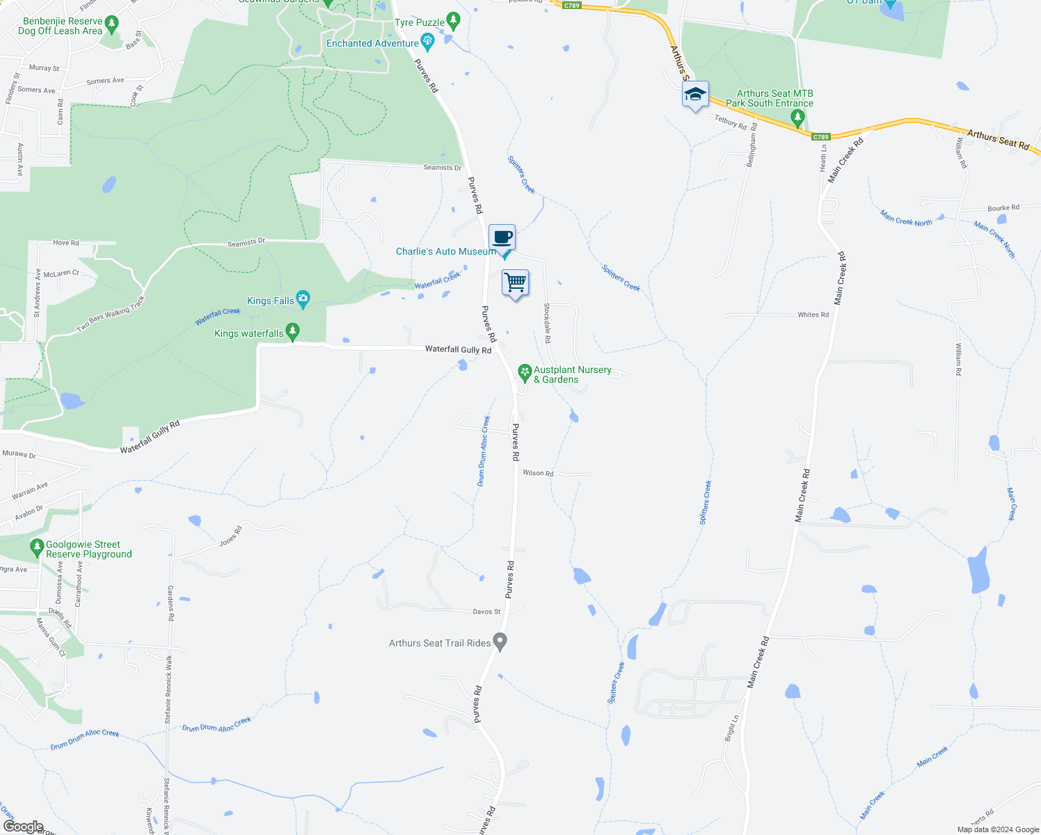 map of restaurants, bars, coffee shops, grocery stores, and more near 261 Purves Road in Arthurs Seat