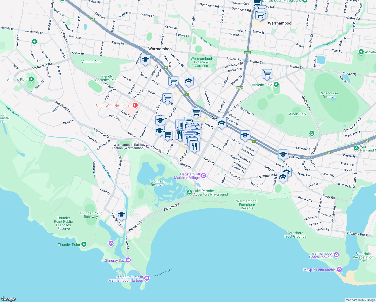 map of restaurants, bars, coffee shops, grocery stores, and more near 34-48 Liebig Street in Warrnambool