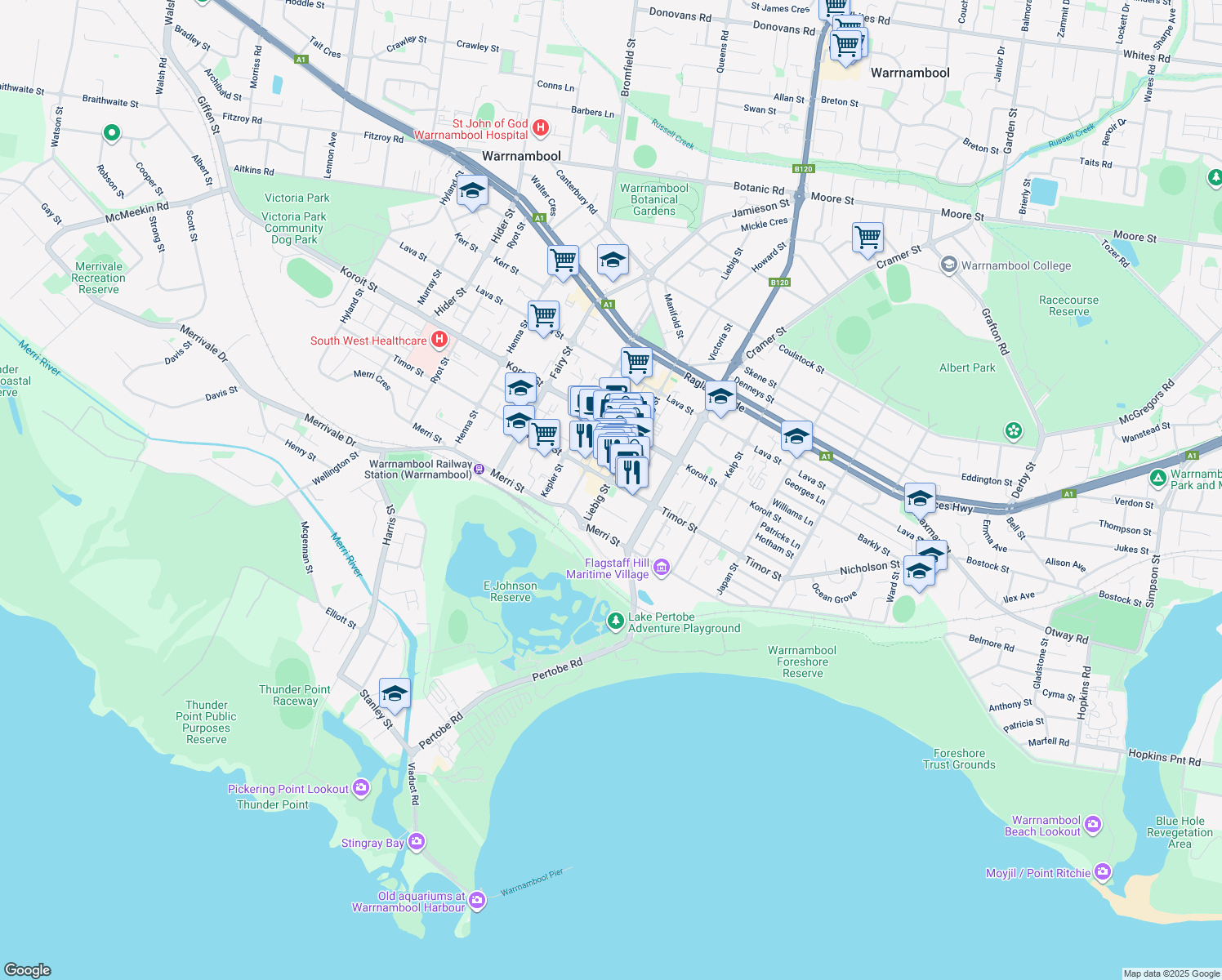 map of restaurants, bars, coffee shops, grocery stores, and more near 34-48 Liebig Street in Warrnambool