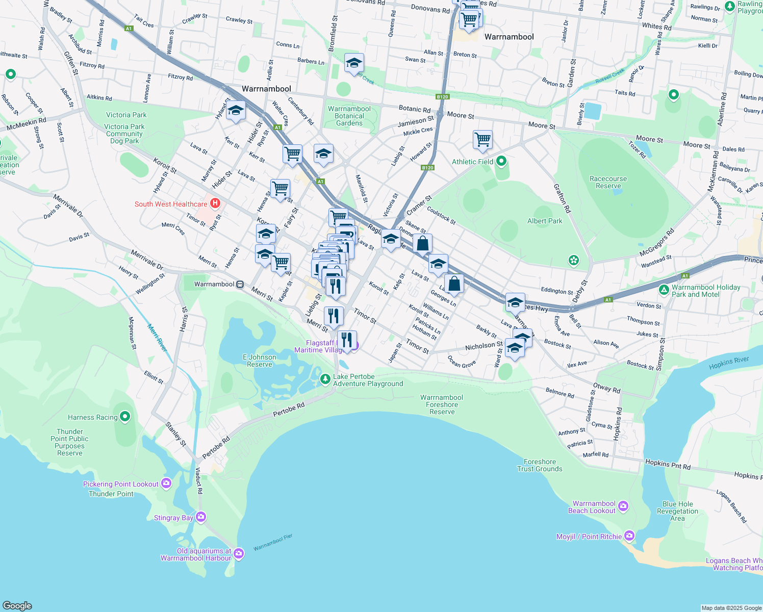 map of restaurants, bars, coffee shops, grocery stores, and more near 29 Kelp Street in Warrnambool