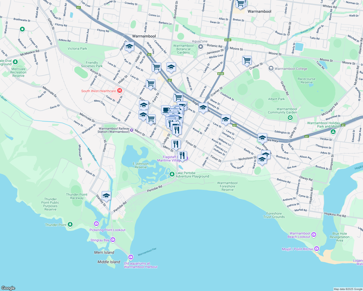 map of restaurants, bars, coffee shops, grocery stores, and more near 12 Banyan Street in Warrnambool