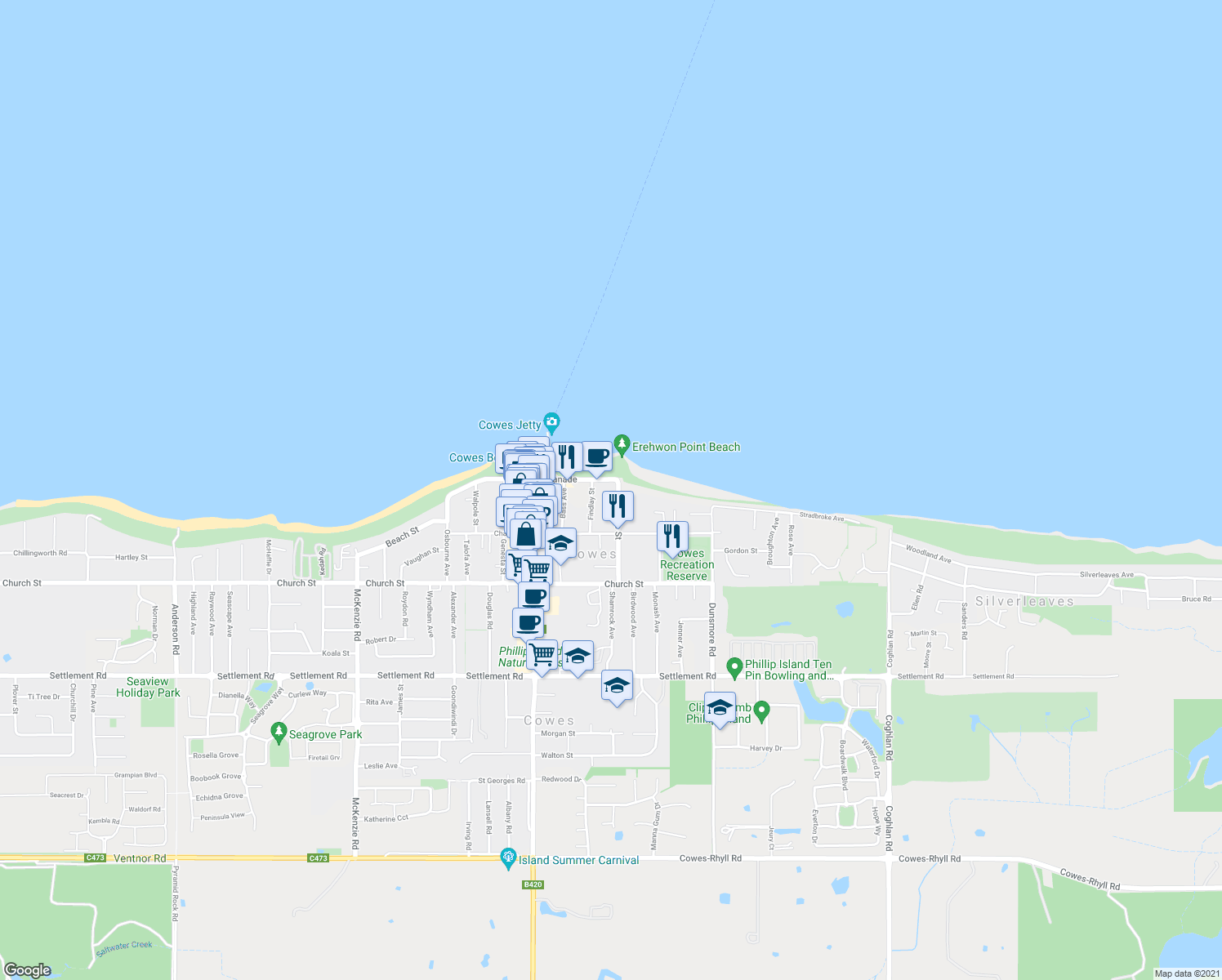 map of restaurants, bars, coffee shops, grocery stores, and more near 1 The Esplanade in Cowes