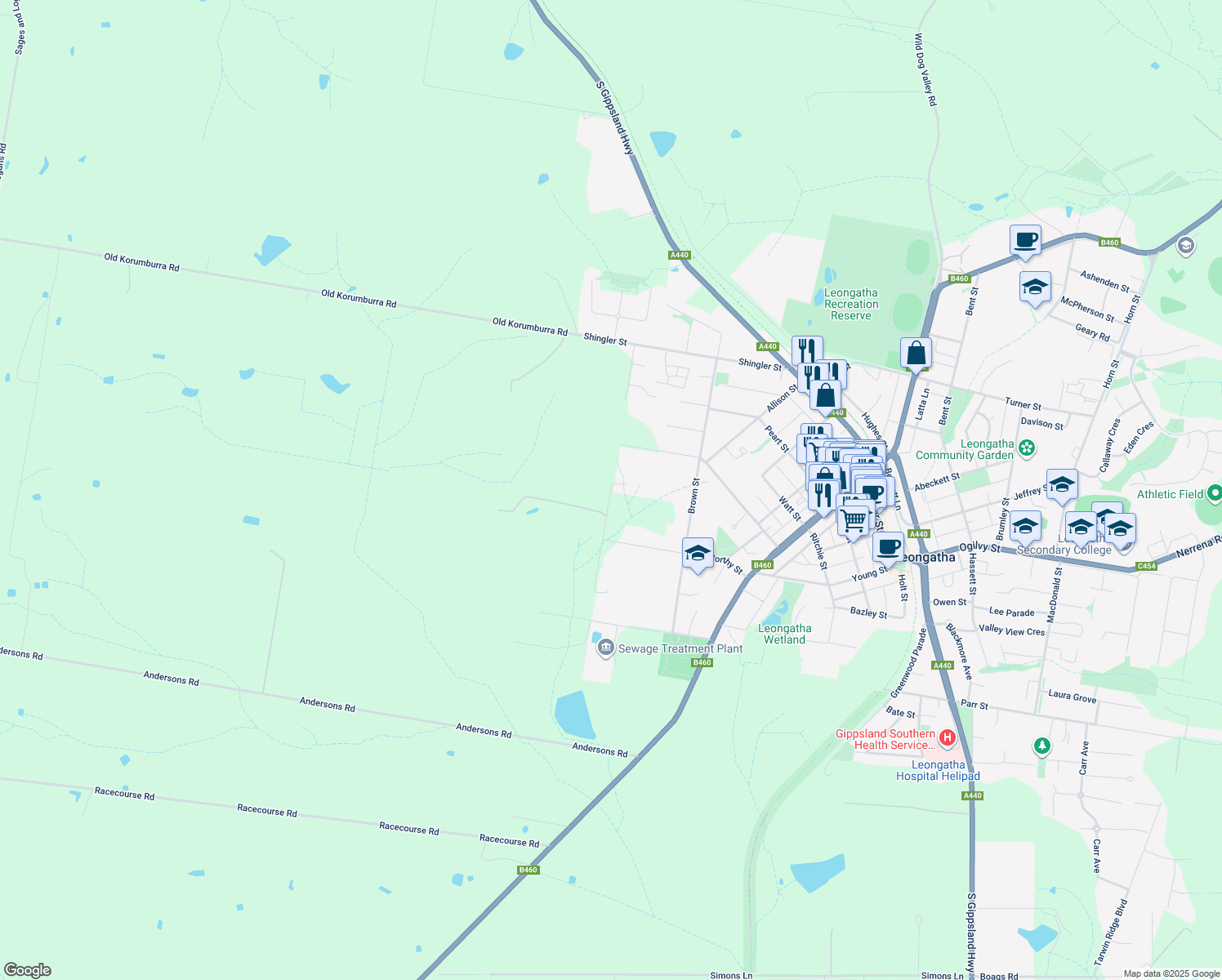 map of restaurants, bars, coffee shops, grocery stores, and more near Gibson Street in Leongatha