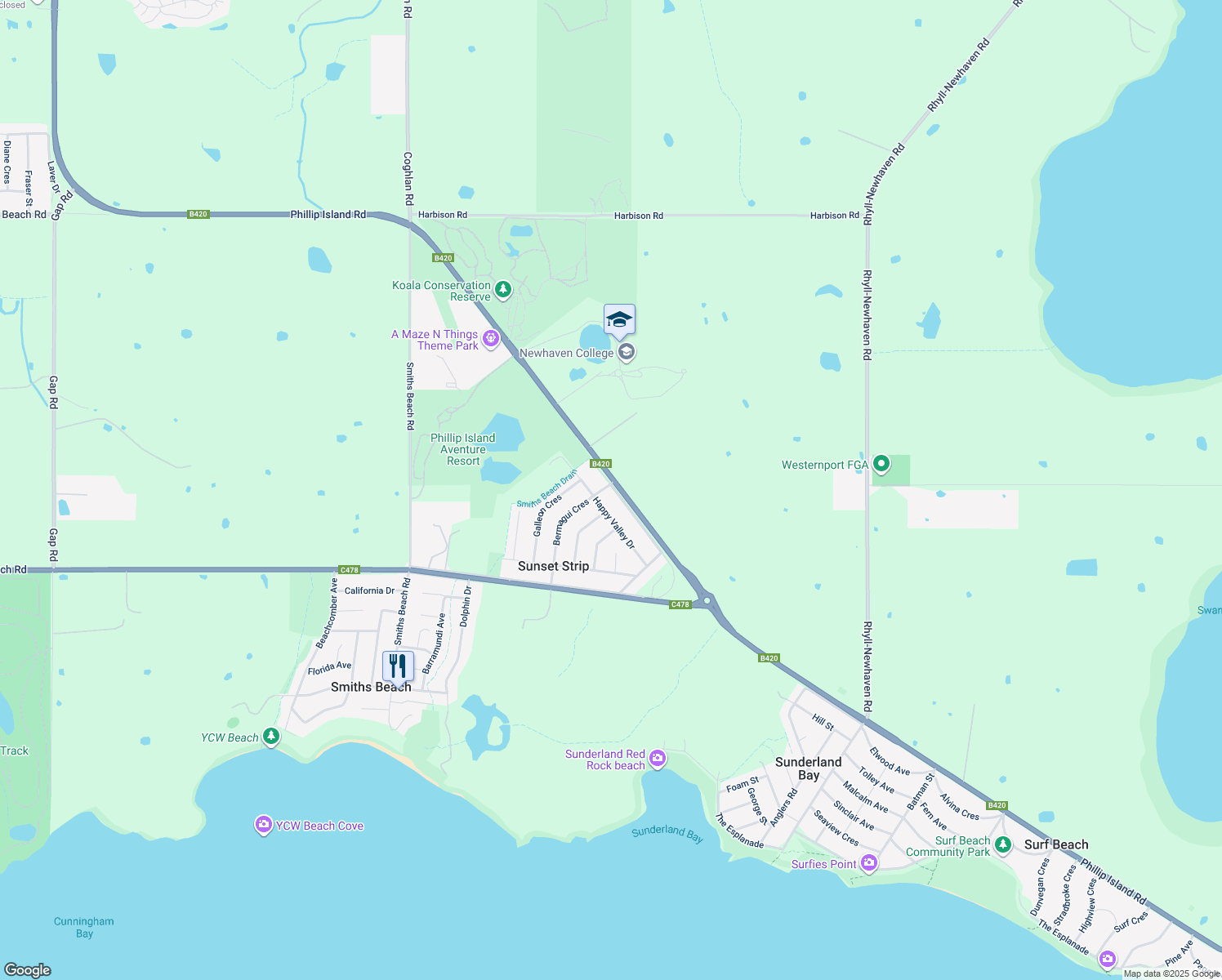 map of restaurants, bars, coffee shops, grocery stores, and more near 43 Phillip Island Road in Sunset Strip