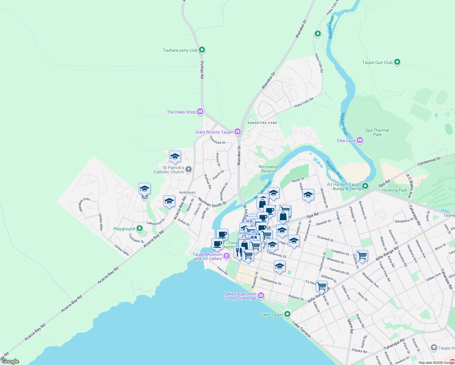 map of restaurants, bars, coffee shops, grocery stores, and more near in Taupō