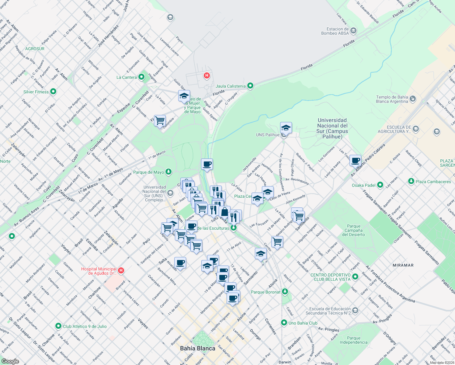 map of restaurants, bars, coffee shops, grocery stores, and more near 114 Jacksonville in Bahía Blanca