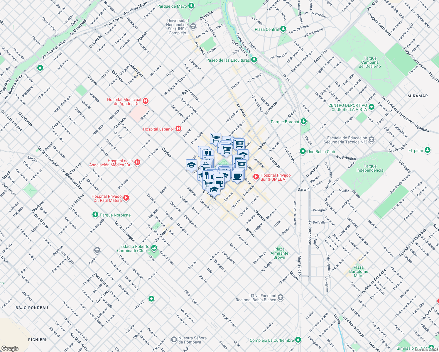 map of restaurants, bars, coffee shops, grocery stores, and more near in Bahía Blanca