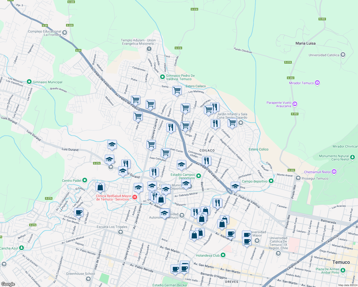 map of restaurants, bars, coffee shops, grocery stores, and more near 230 Juan Cayunao in Temuco