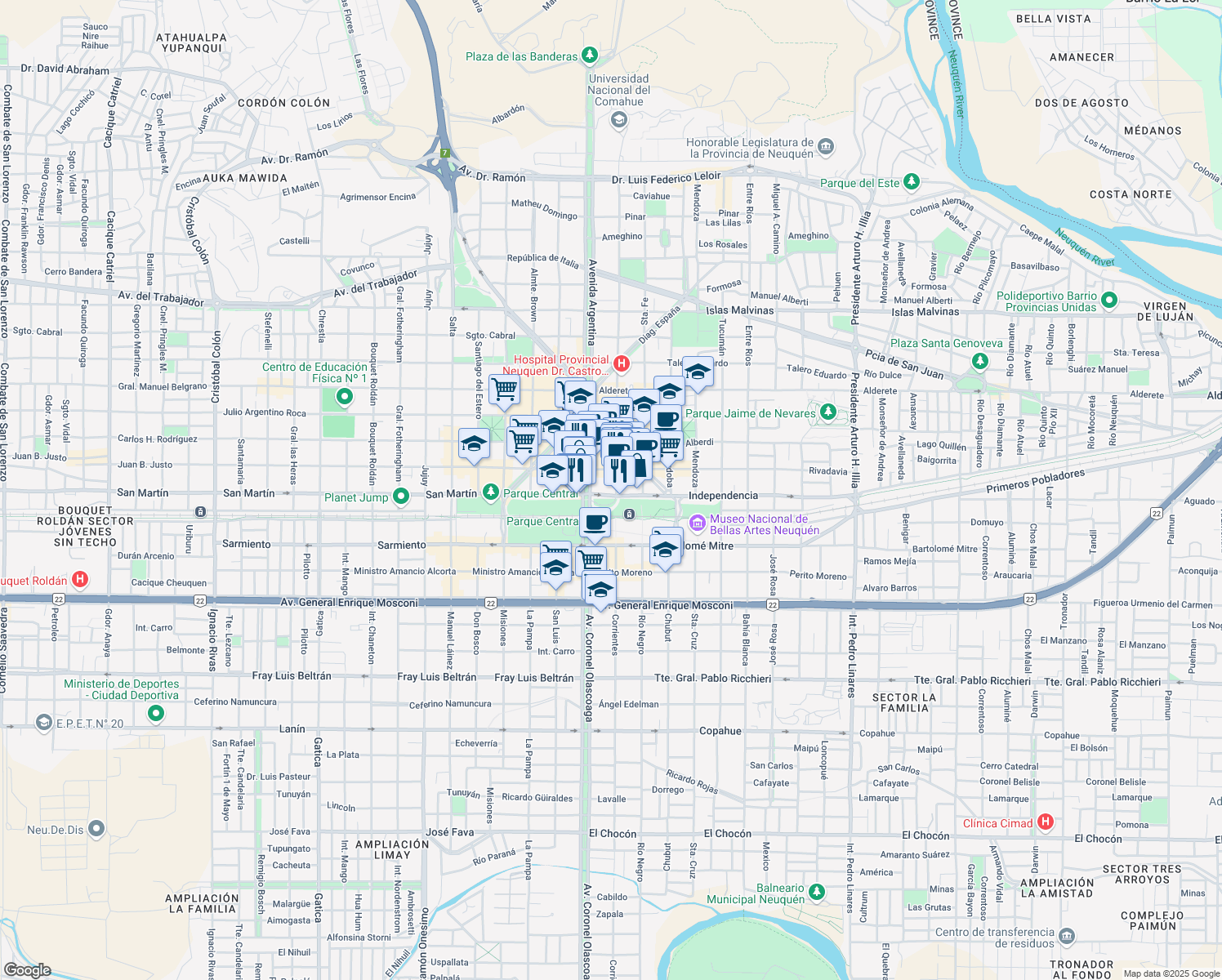 map of restaurants, bars, coffee shops, grocery stores, and more near 50 Independencia in Neuquén