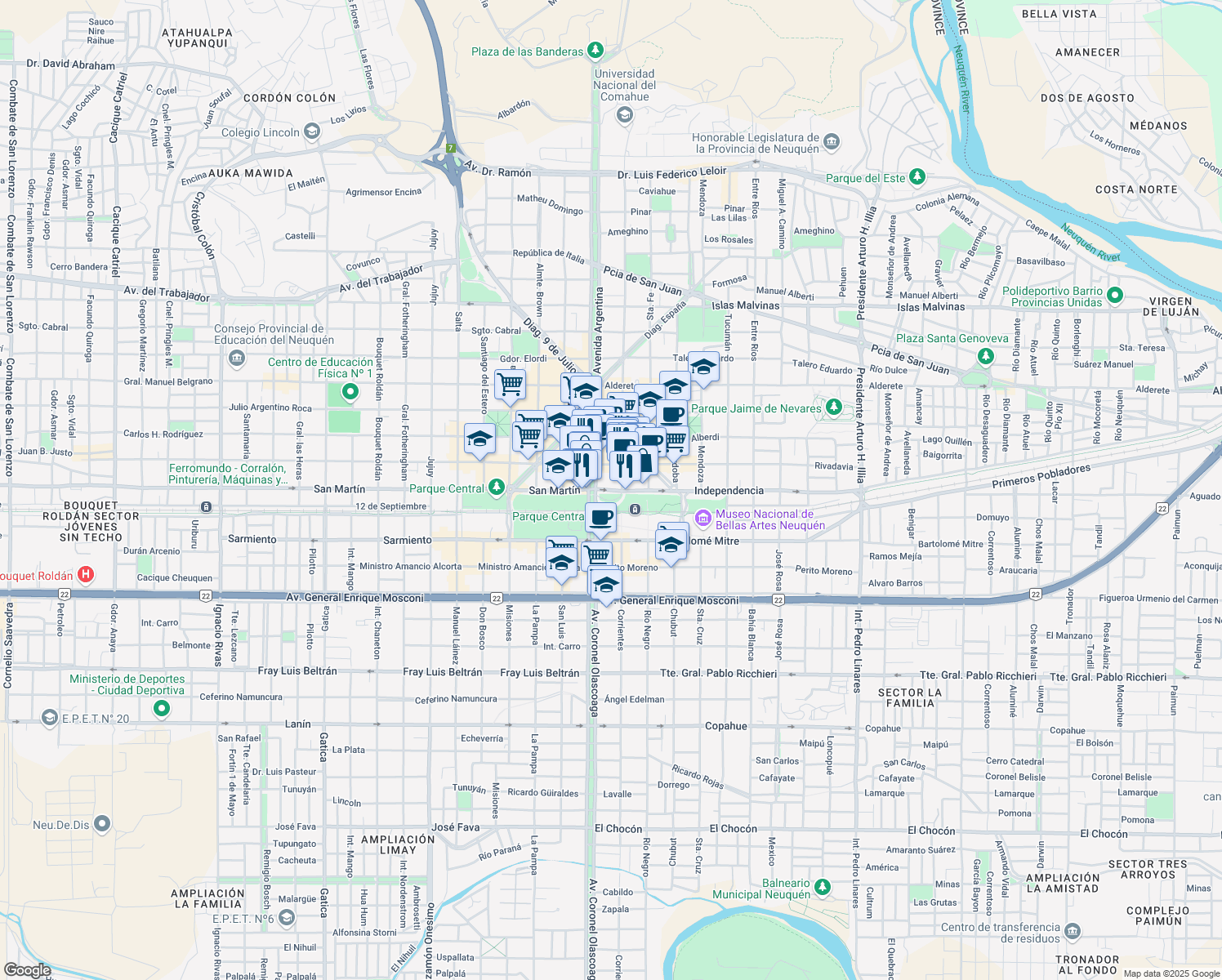 map of restaurants, bars, coffee shops, grocery stores, and more near 50 Independencia in Neuquén