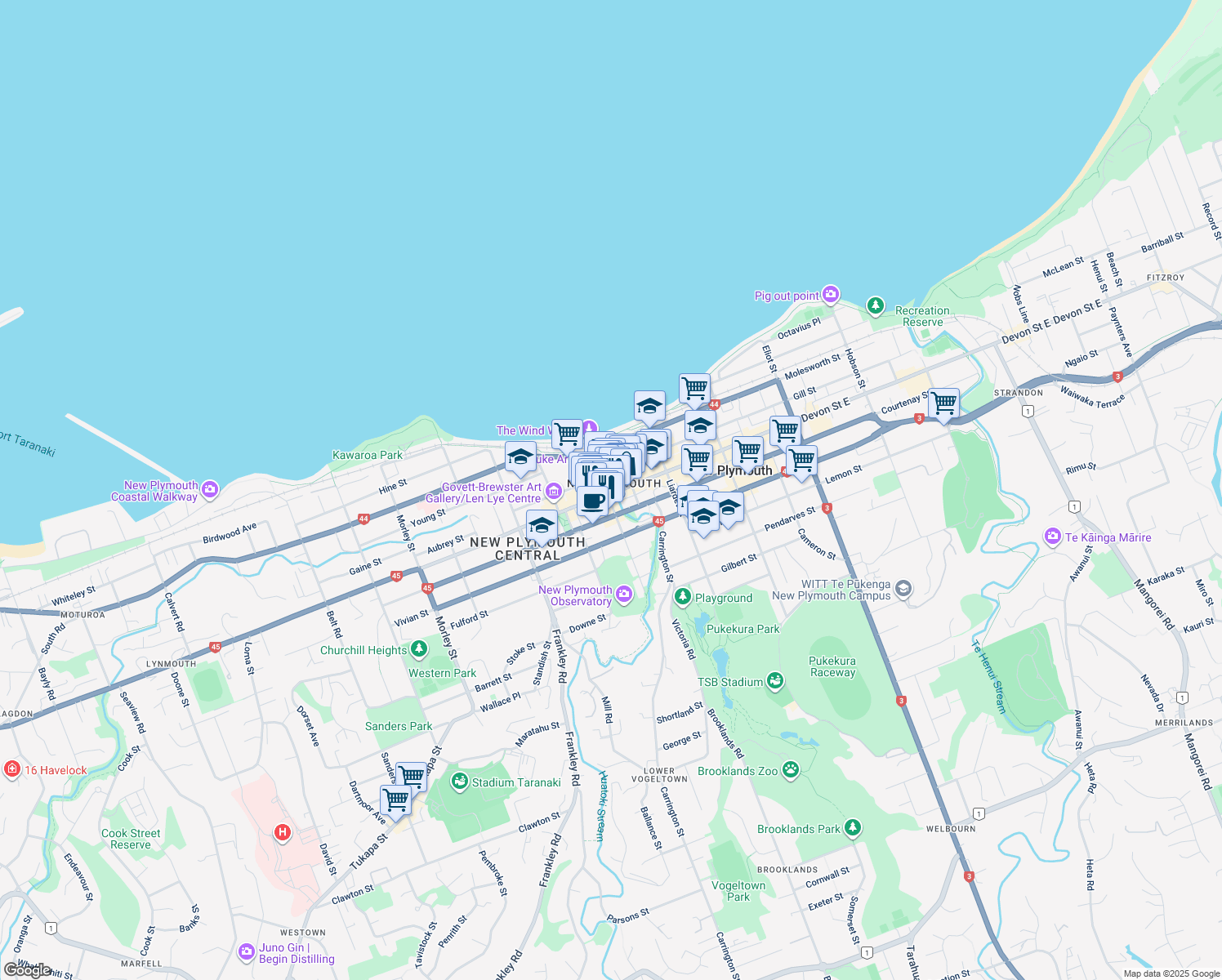 map of restaurants, bars, coffee shops, grocery stores, and more near 38 Devon Street West in New Plymouth