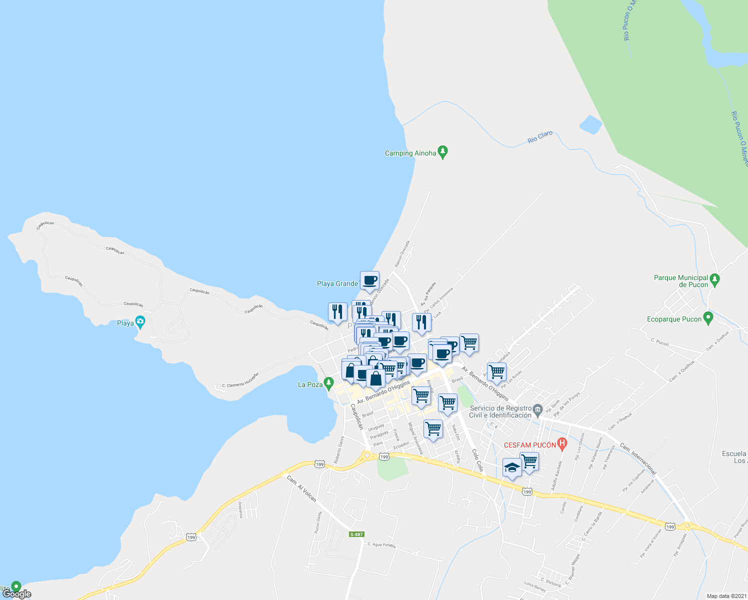 map of restaurants, bars, coffee shops, grocery stores, and more near 0470 Ramón Quezada in Pucon