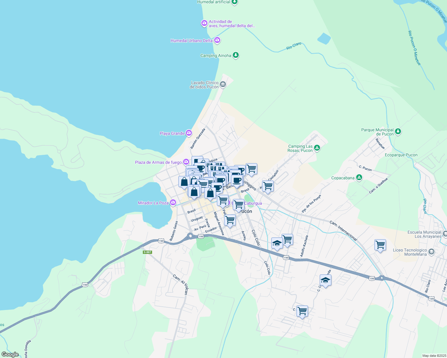 map of restaurants, bars, coffee shops, grocery stores, and more near 1-199 Camino A Villarrica in Pucón