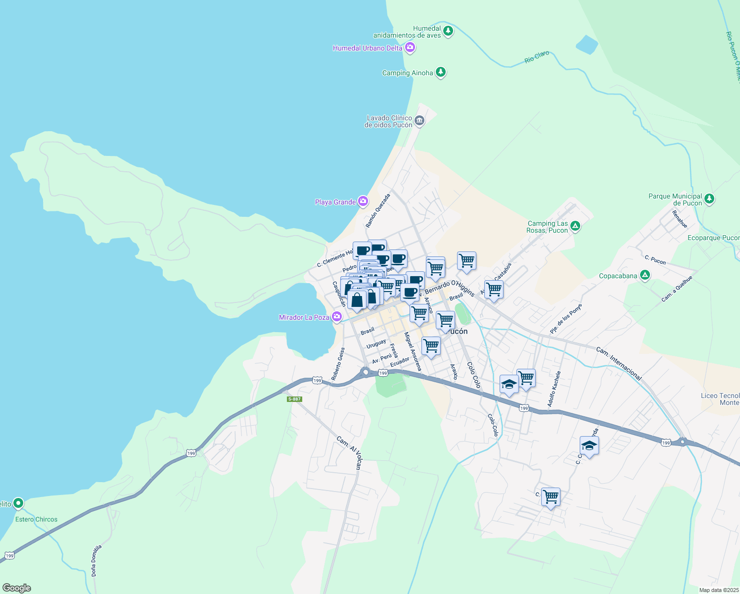 map of restaurants, bars, coffee shops, grocery stores, and more near 296 Lincoyán in Pucon