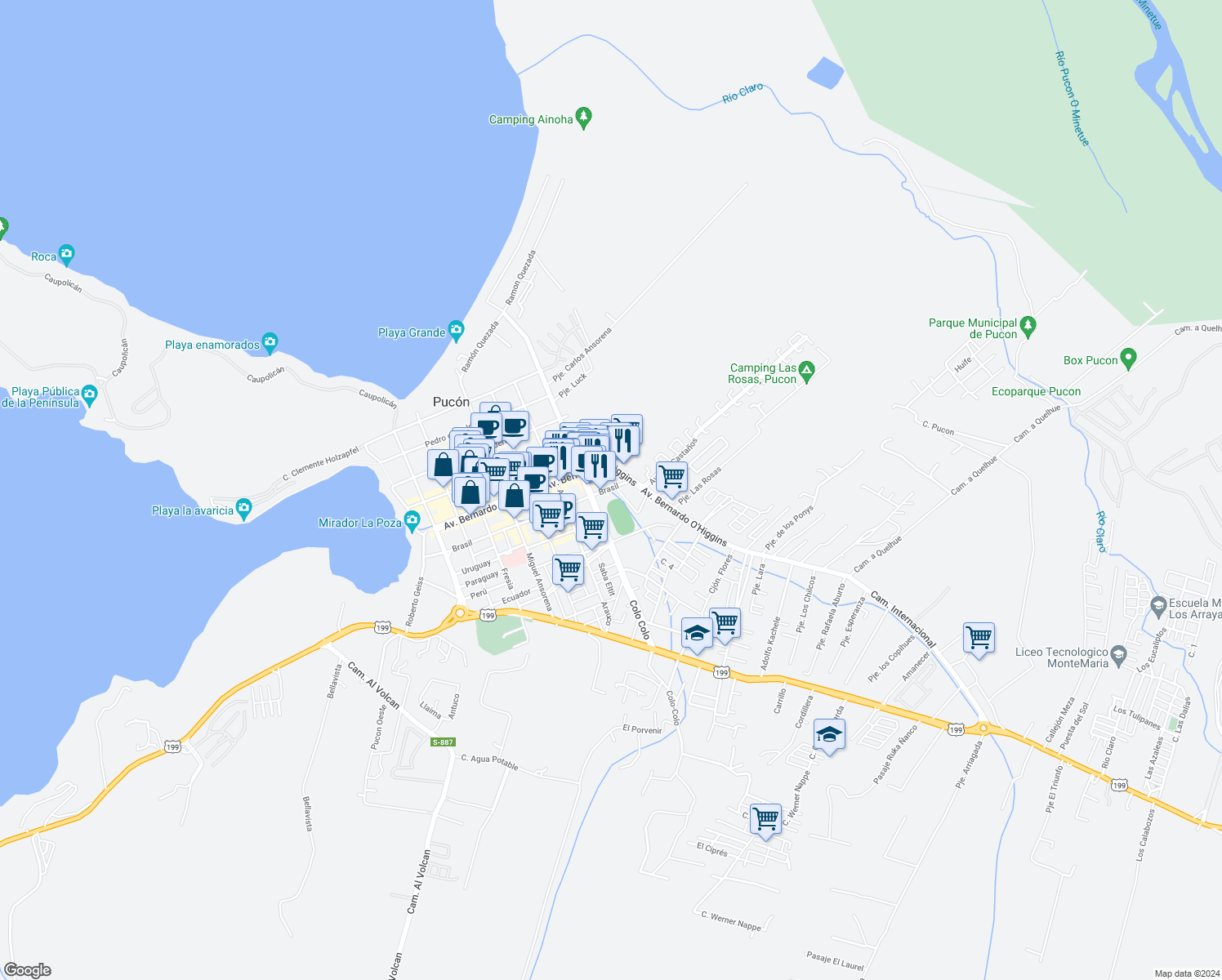 map of restaurants, bars, coffee shops, grocery stores, and more near 4-8 Brasil in Pucon
