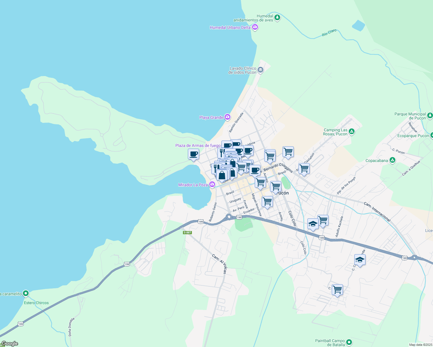 map of restaurants, bars, coffee shops, grocery stores, and more near 243 Caupolicán in Pucon
