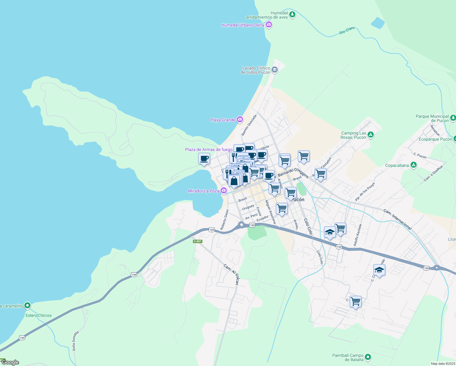 map of restaurants, bars, coffee shops, grocery stores, and more near 243 Caupolicán in Pucon