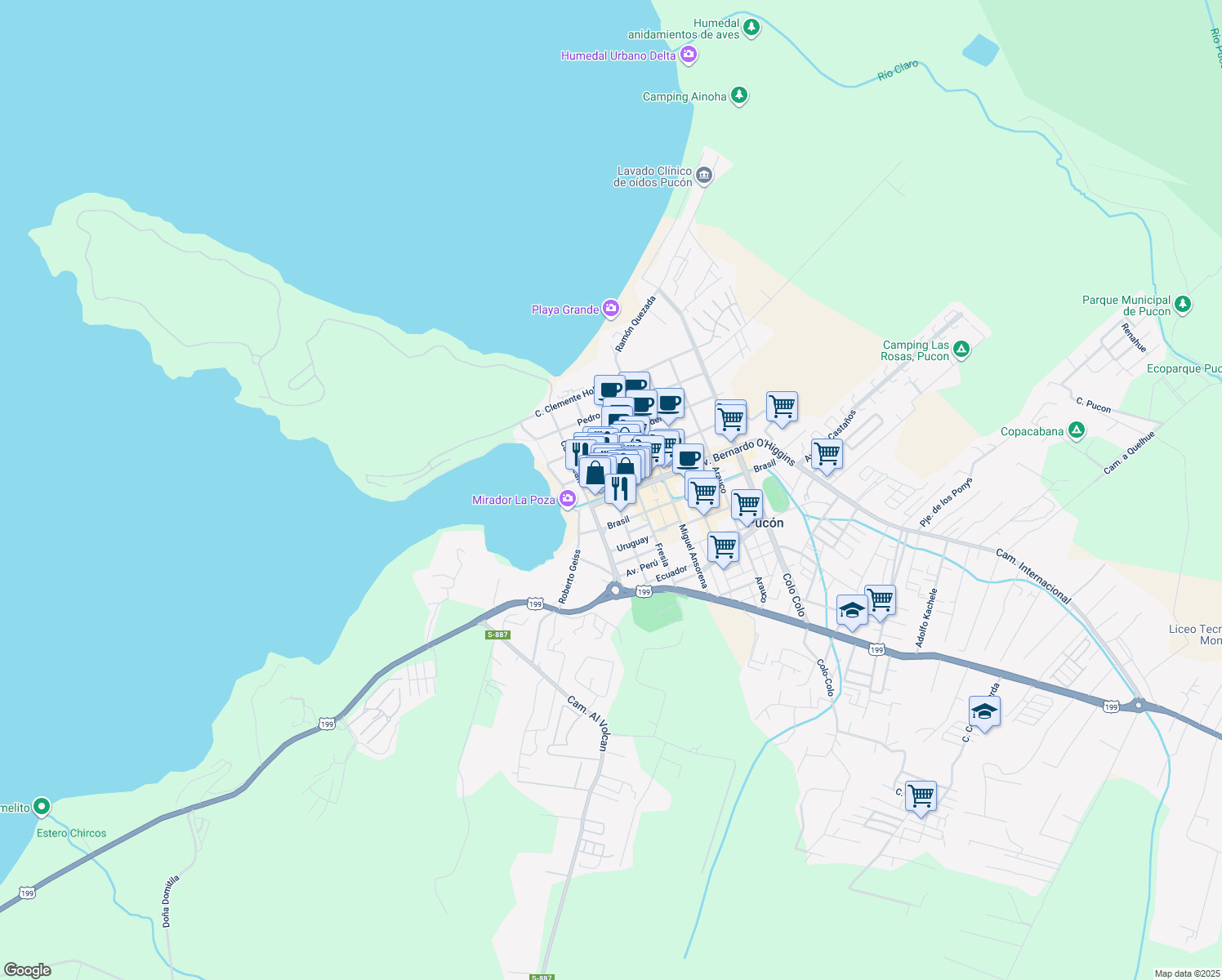 map of restaurants, bars, coffee shops, grocery stores, and more near 296 Lincoyán in Pucon