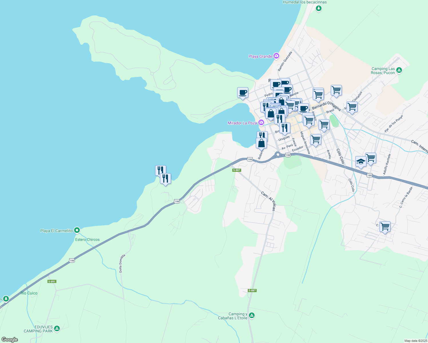 map of restaurants, bars, coffee shops, grocery stores, and more near 1550 Camino Villarrica - Pucón in Cautín