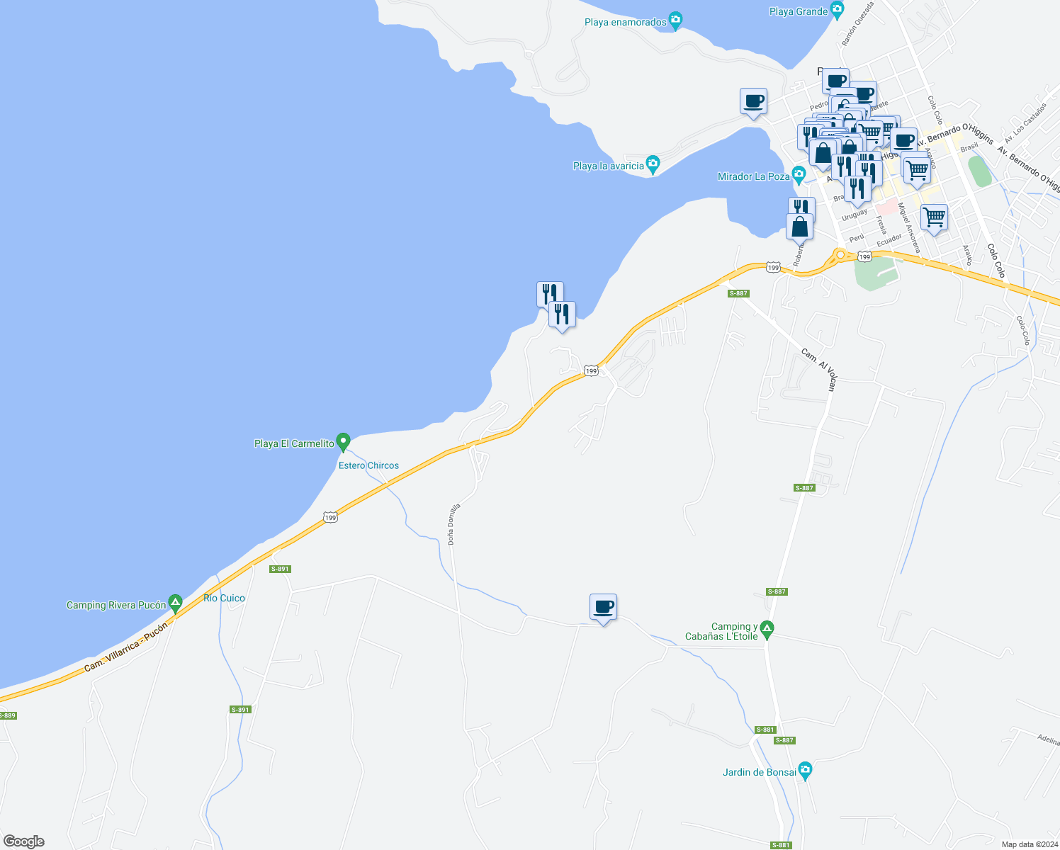 map of restaurants, bars, coffee shops, grocery stores, and more near 1343 Ruta 199 in Cautín