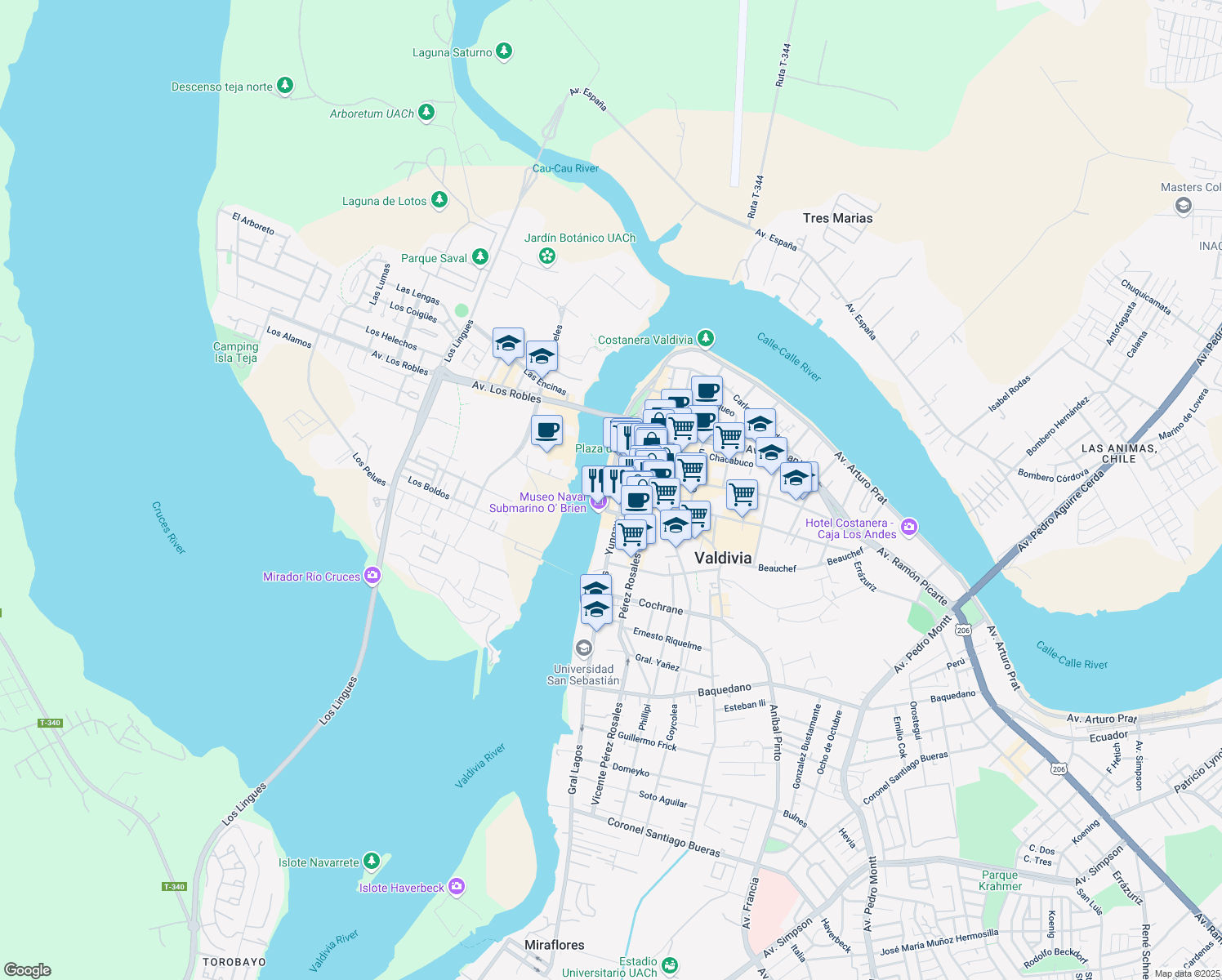 map of restaurants, bars, coffee shops, grocery stores, and more near 10 Arauco in Valdivia