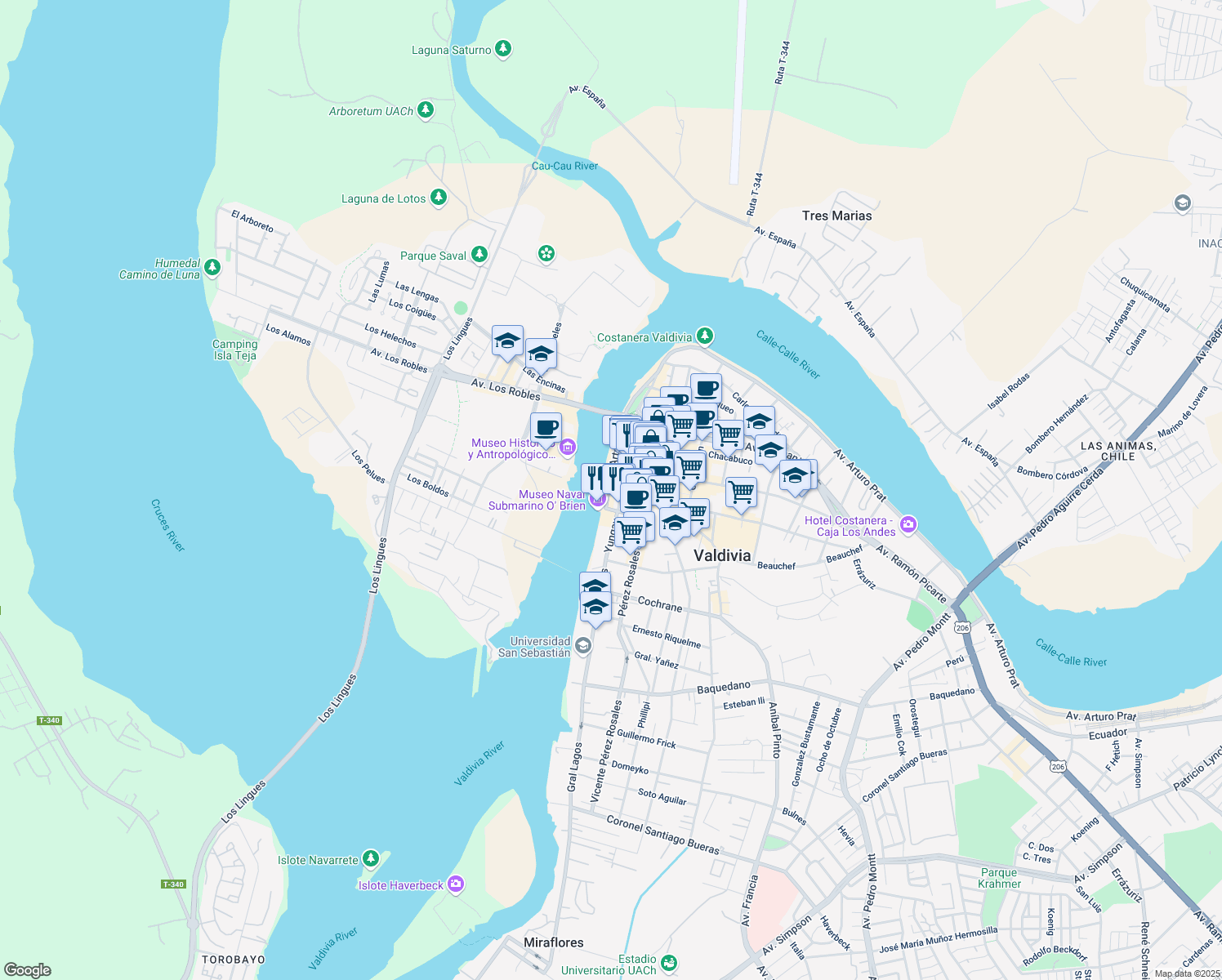 map of restaurants, bars, coffee shops, grocery stores, and more near 10 Arauco in Valdivia
