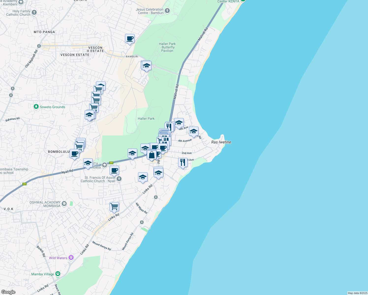 map of restaurants, bars, coffee shops, grocery stores, and more near 3rd Avenue in Mombasa