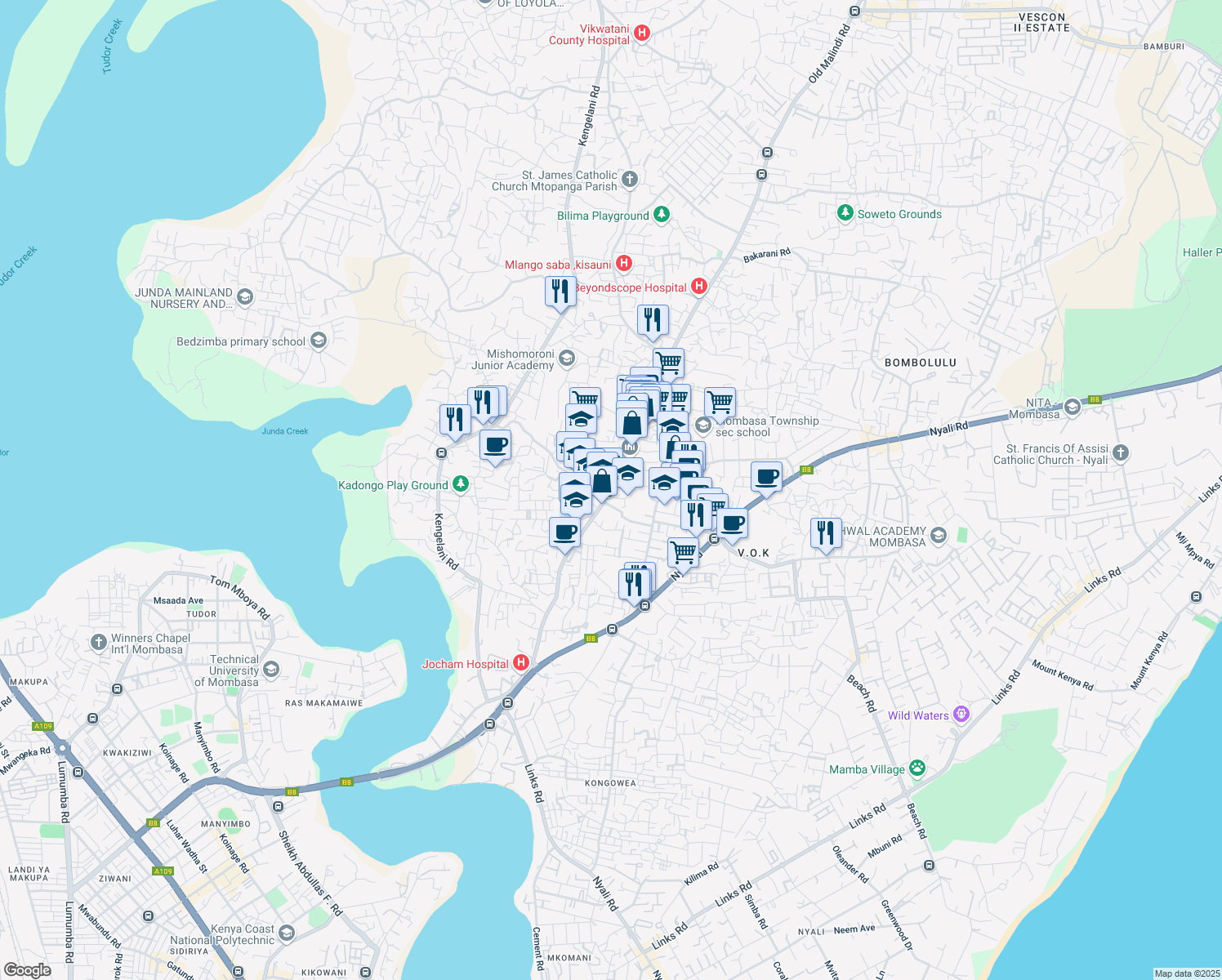 map of restaurants, bars, coffee shops, grocery stores, and more near Old Malindi Road in Mombasa