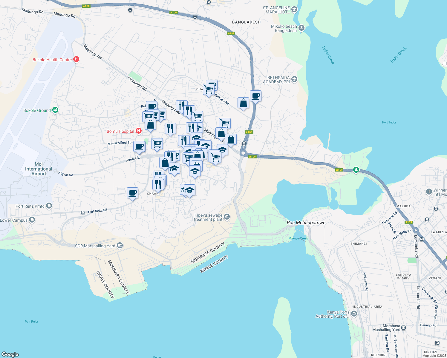 map of restaurants, bars, coffee shops, grocery stores, and more near Magongo Road in Mombasa
