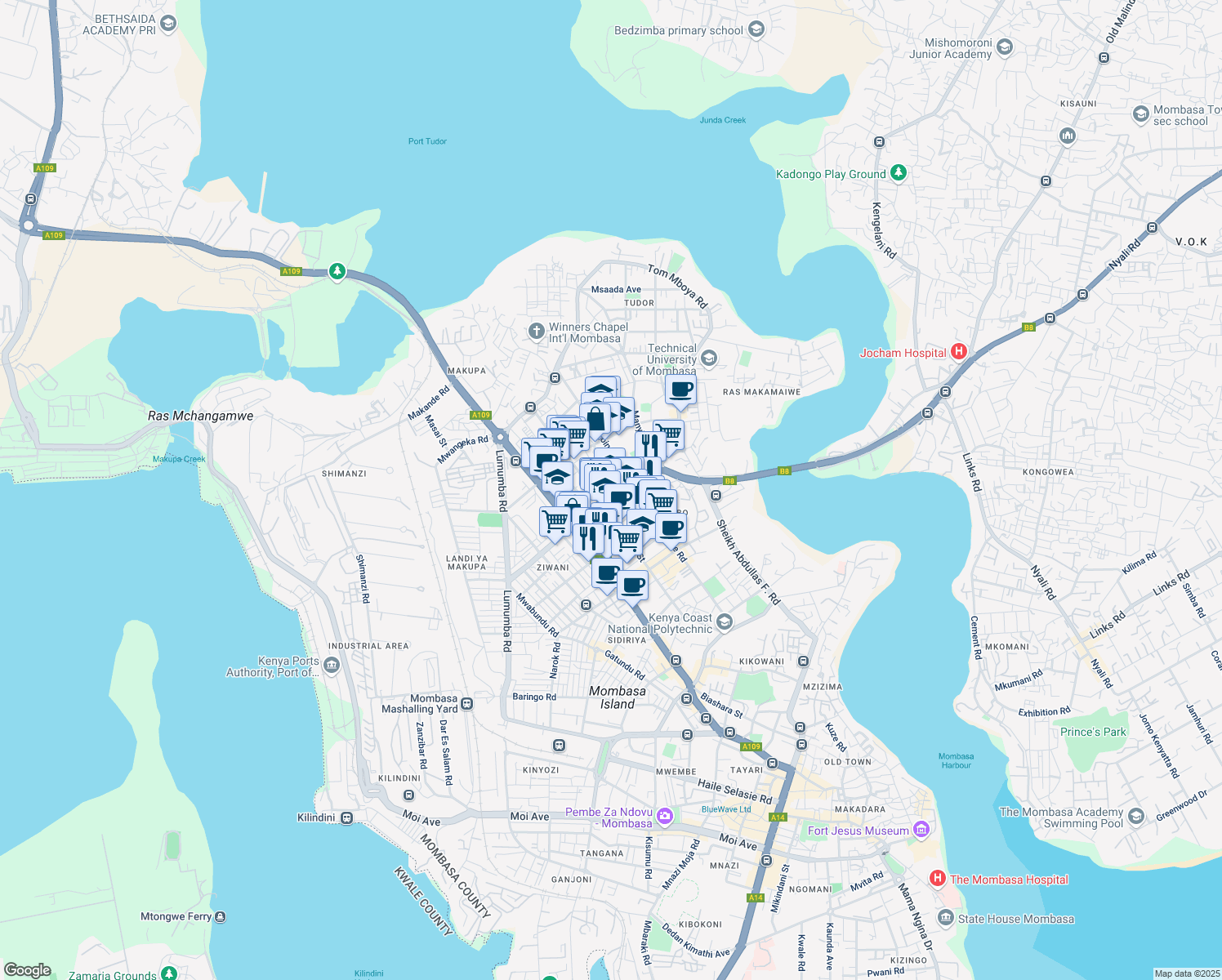 map of restaurants, bars, coffee shops, grocery stores, and more near Ronald Ngala Rd in Mombasa