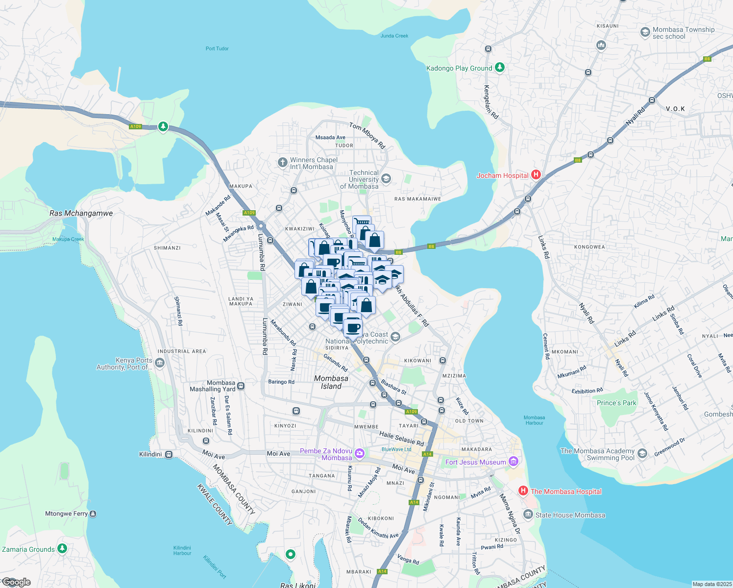 map of restaurants, bars, coffee shops, grocery stores, and more near Koinage Road in Mombasa