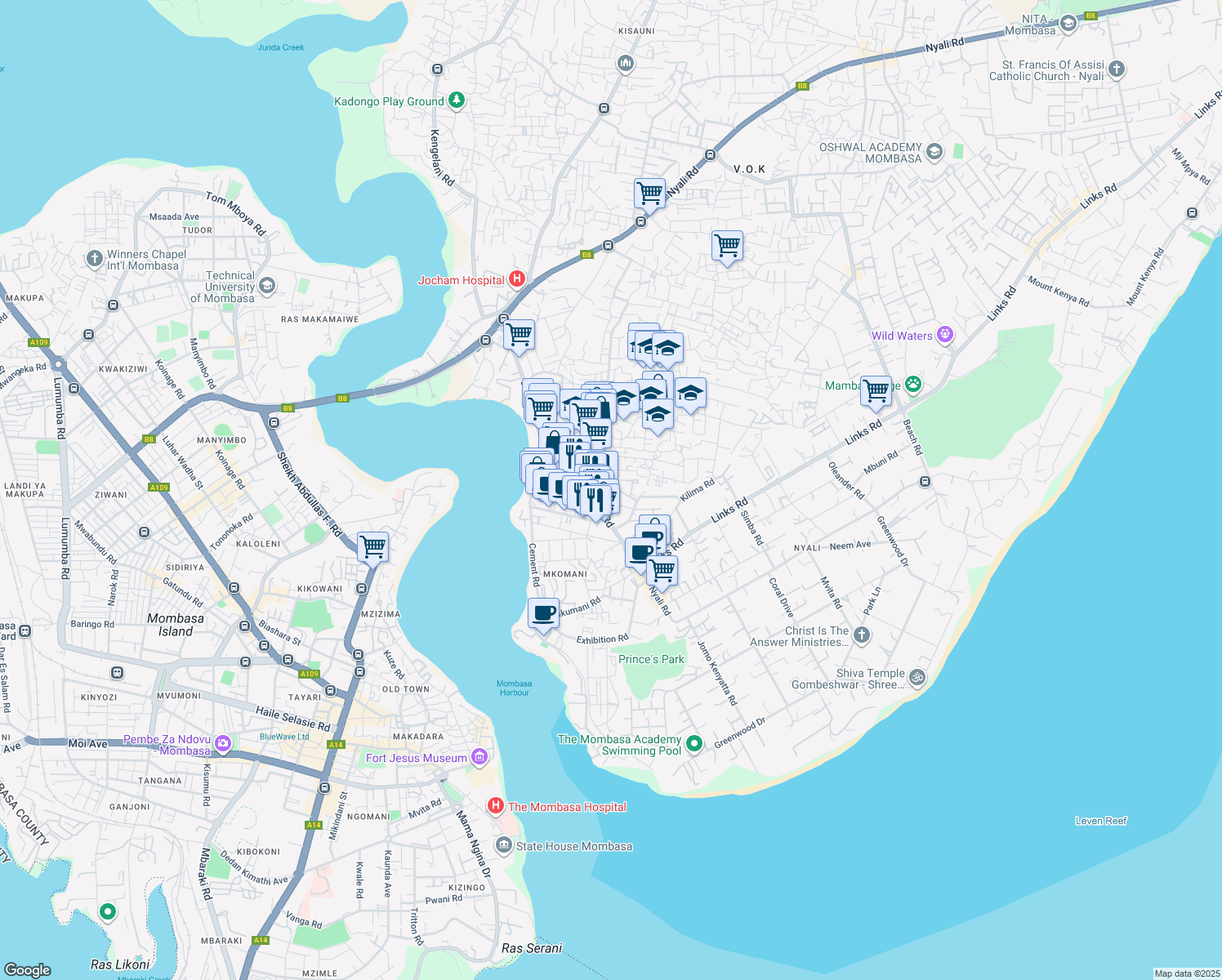 map of restaurants, bars, coffee shops, grocery stores, and more near in Mombasa