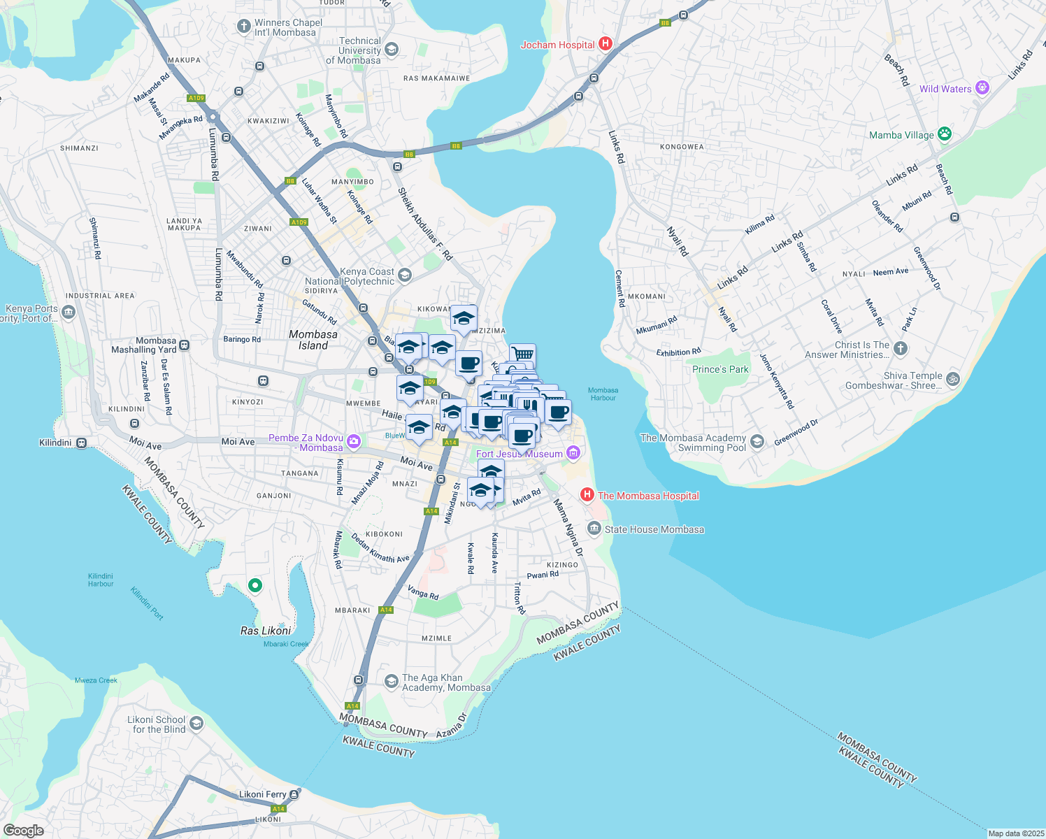 map of restaurants, bars, coffee shops, grocery stores, and more near Kibokoni Road in Mombasa
