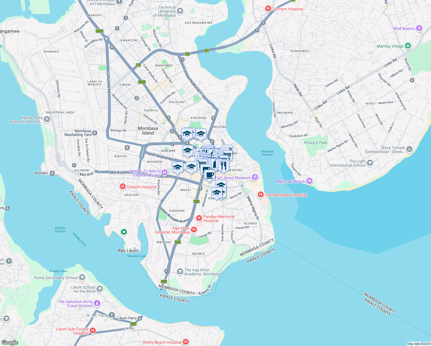 map of restaurants, bars, coffee shops, grocery stores, and more near Makadara Road in Mombasa