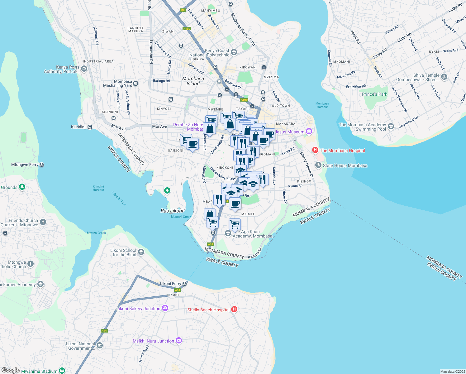 map of restaurants, bars, coffee shops, grocery stores, and more near Nyerere Avenue in Mombasa