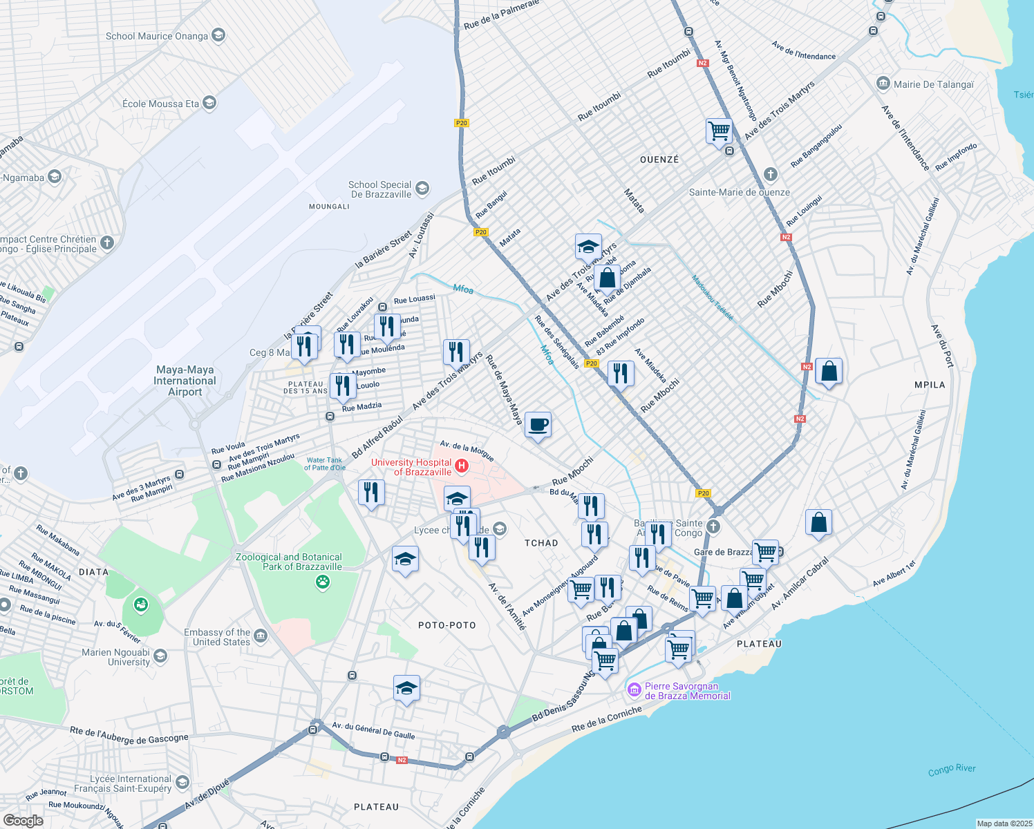 map of restaurants, bars, coffee shops, grocery stores, and more near in Brazzaville
