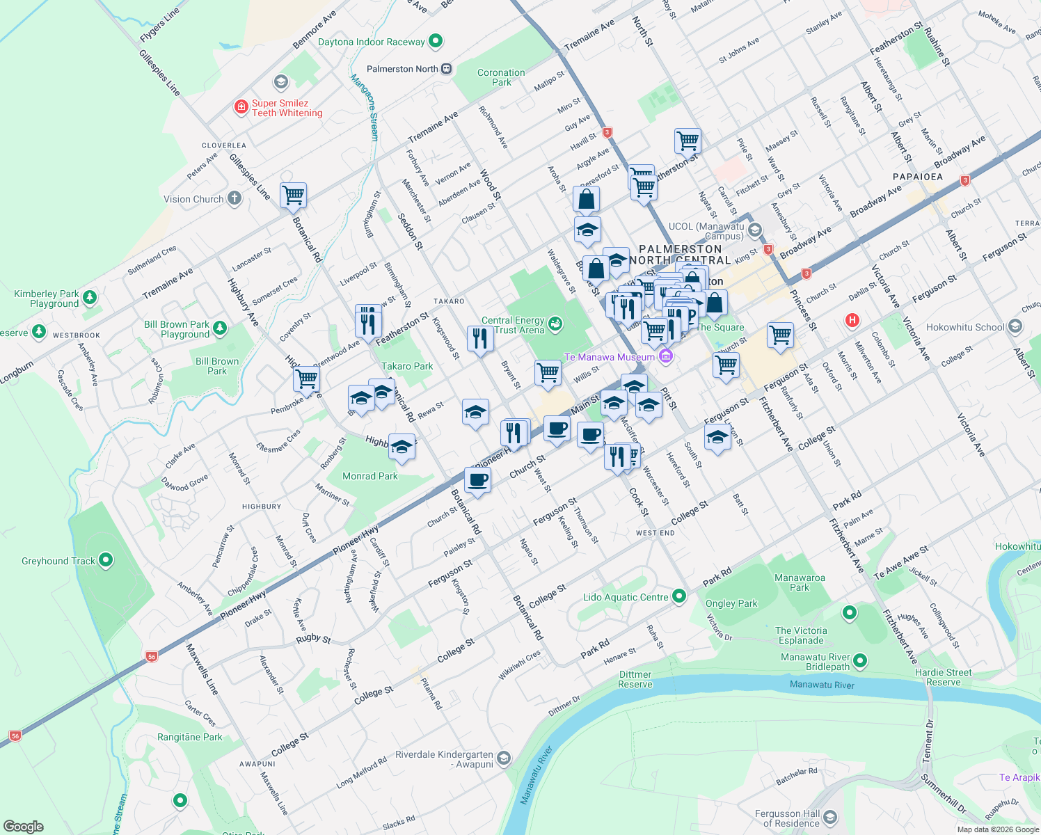 map of restaurants, bars, coffee shops, grocery stores, and more near 85 Lyndhurst Street in Palmerston North